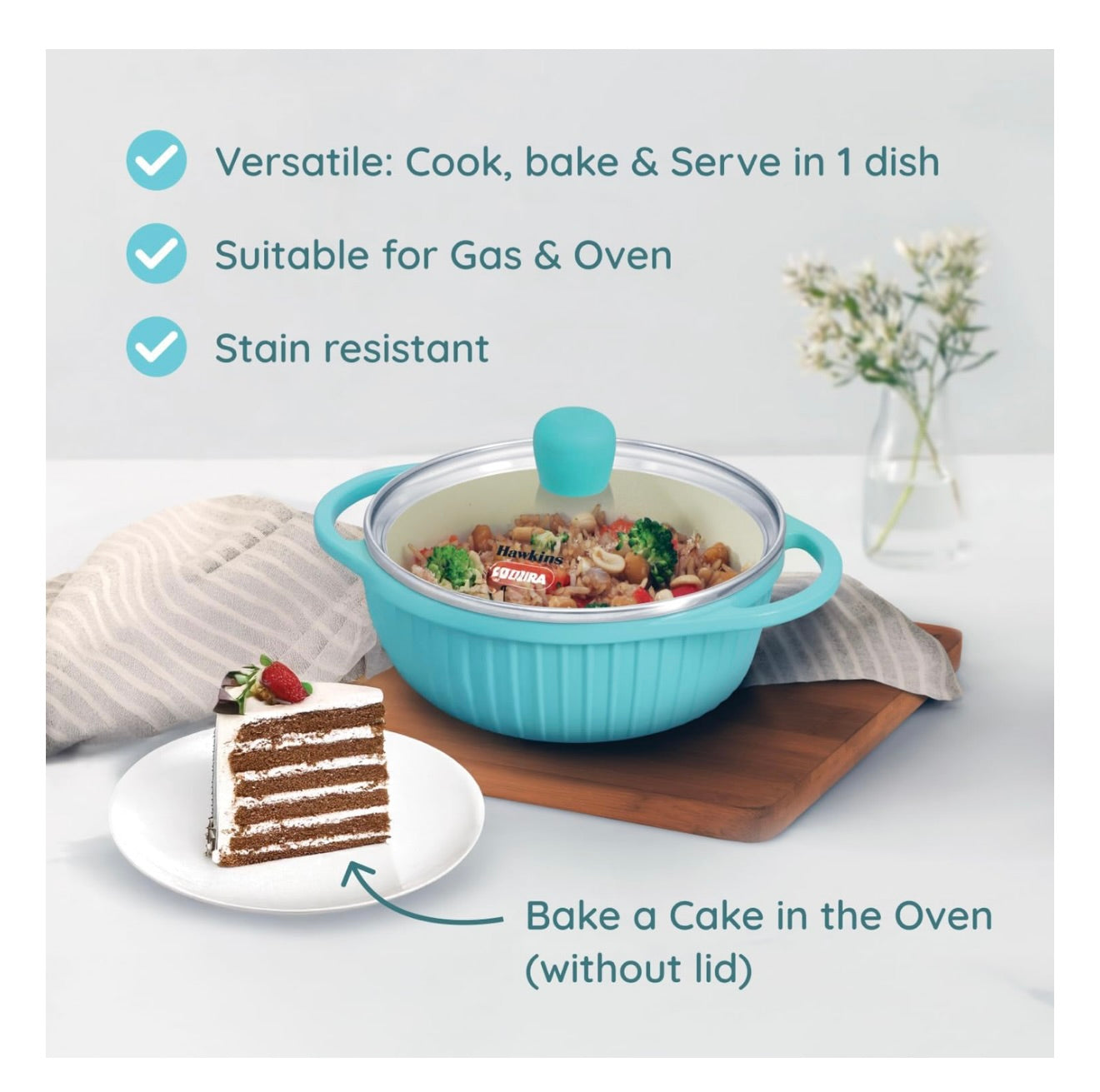 Hawkins 1.25 Litre Casserole, Aqua Baby Casserole with Glass Lid, Aqua Blue (UBC125G)