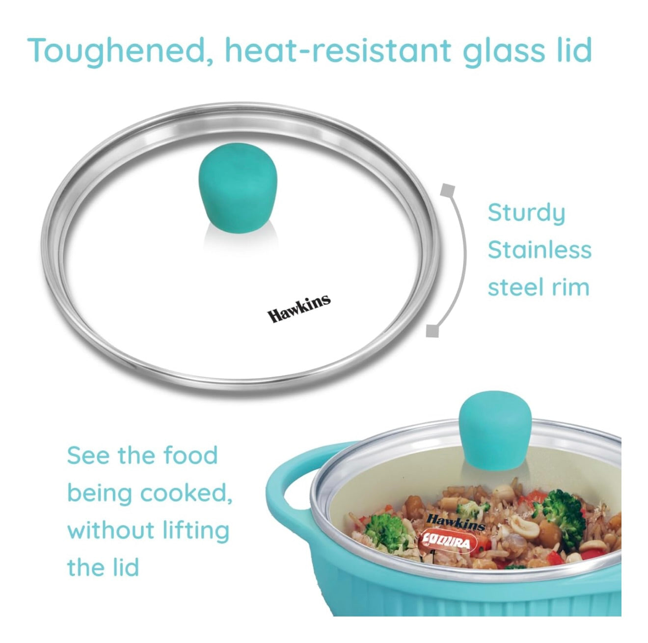 Hawkins 1.25 Litre Casserole, Aqua Baby Casserole with Glass Lid, Aqua Blue (UBC125G)