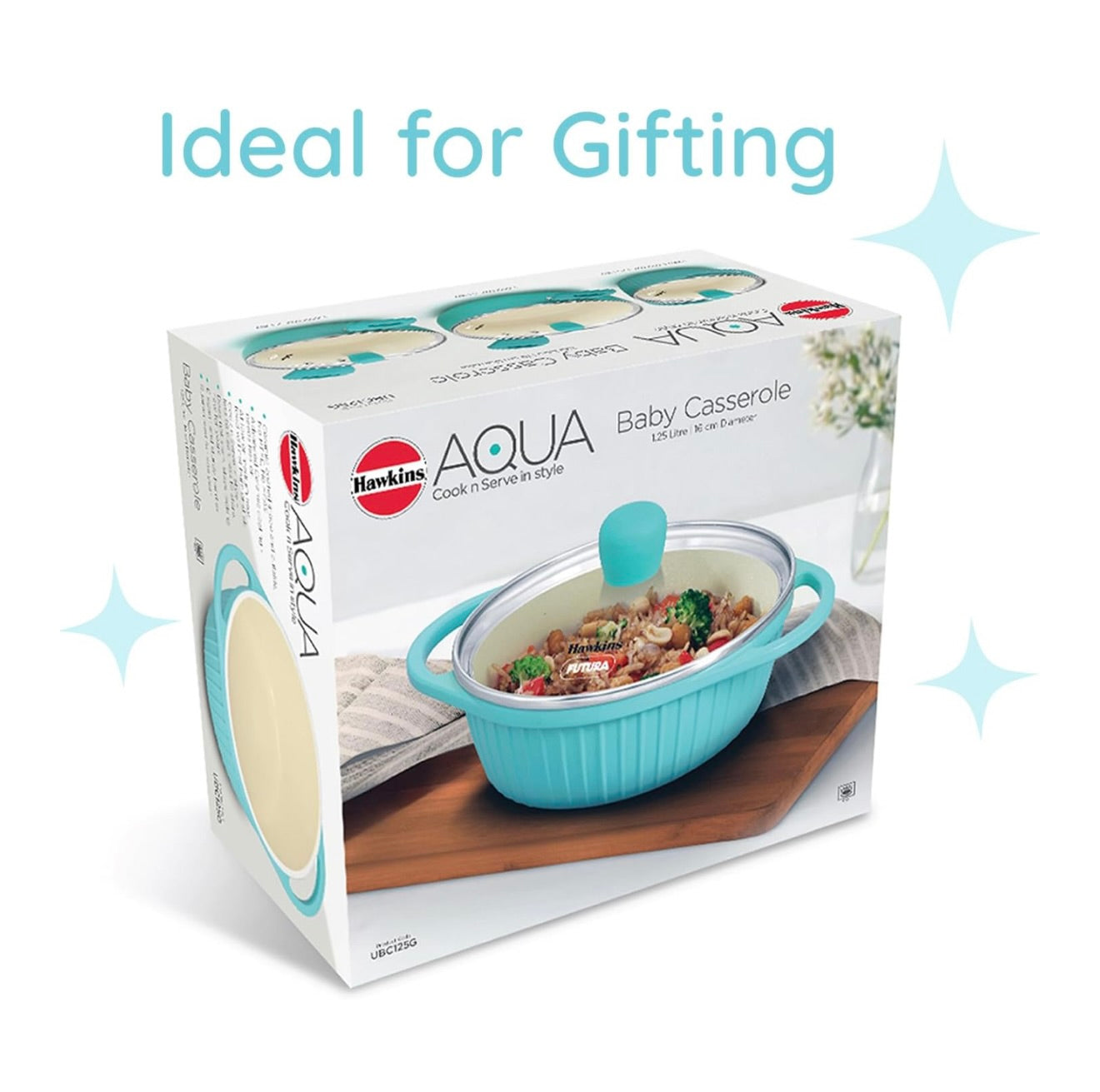 Hawkins 1.25 Litre Casserole, Aqua Baby Casserole with Glass Lid, Aqua Blue (UBC125G)