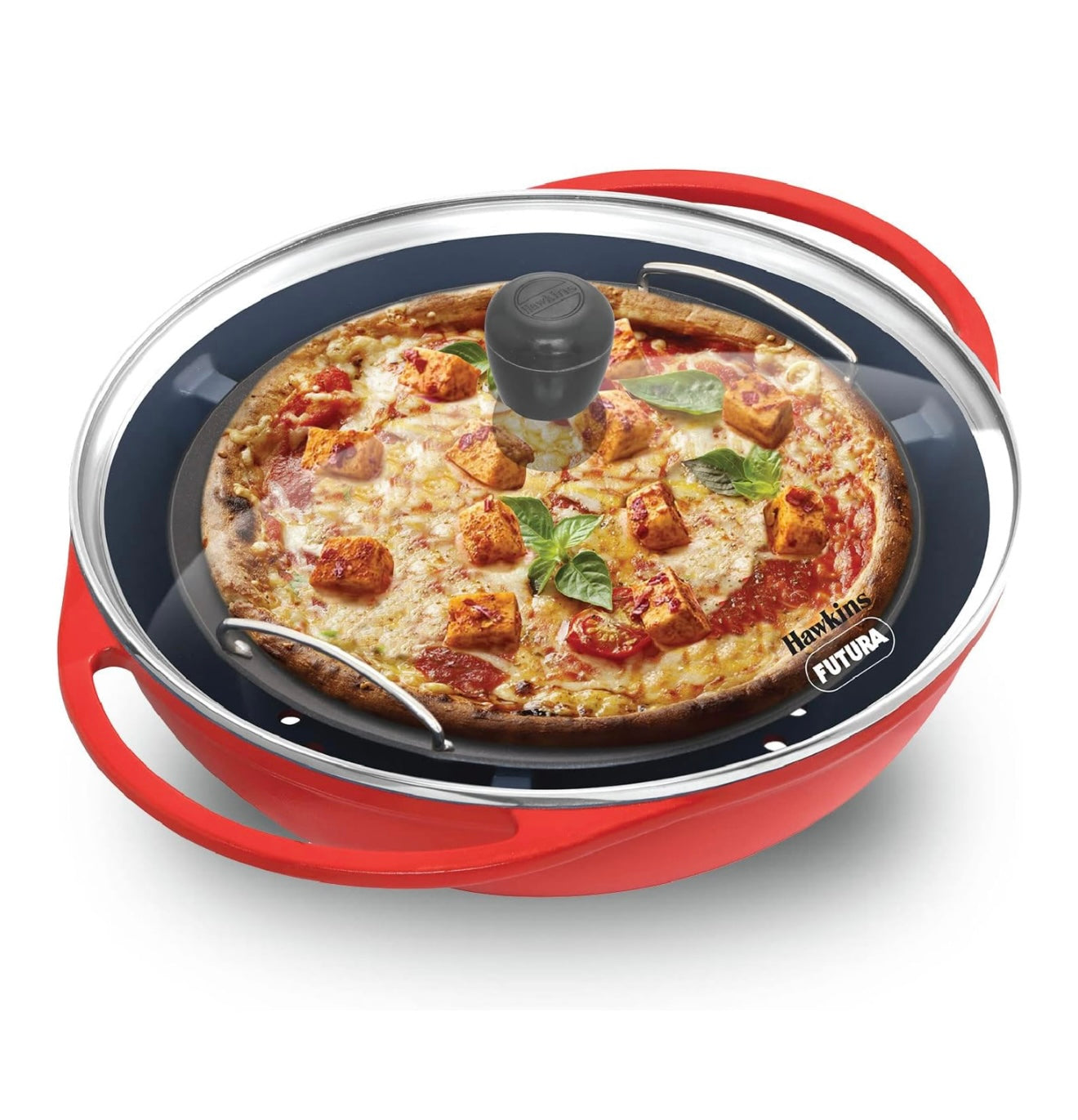 Hawkins Diecast 30 cm Nonstick Pizza Maker and Cake Baker with Glass Lid, Gas Oven, Pizza Oven Toaster Griller Tandoor Barbecue, Cake Baking Pan, Red (PIZZA)
