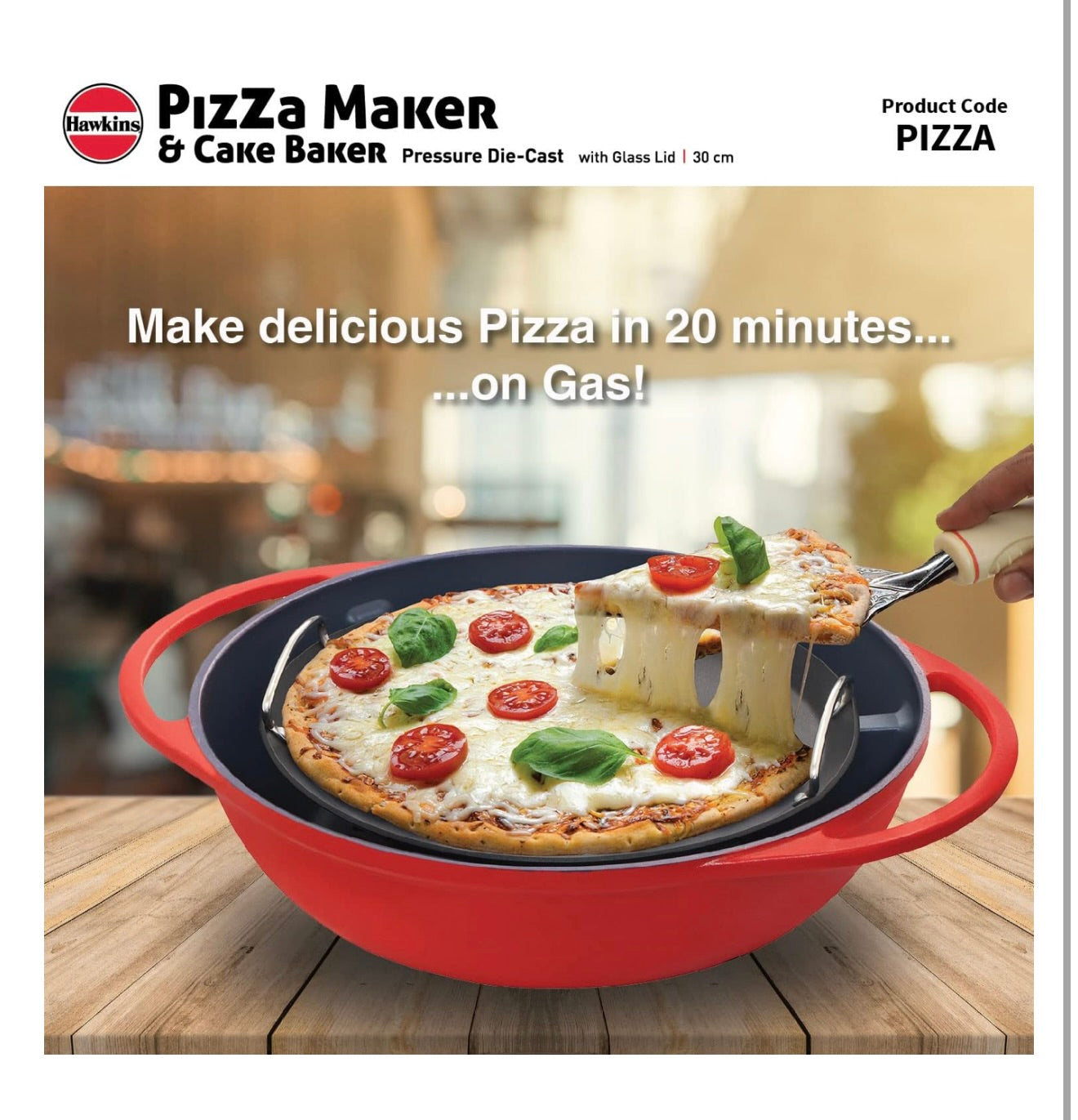 Hawkins Diecast 30 cm Nonstick Pizza Maker and Cake Baker with Glass Lid, Gas Oven, Pizza Oven Toaster Griller Tandoor Barbecue, Cake Baking Pan, Red (PIZZA)
