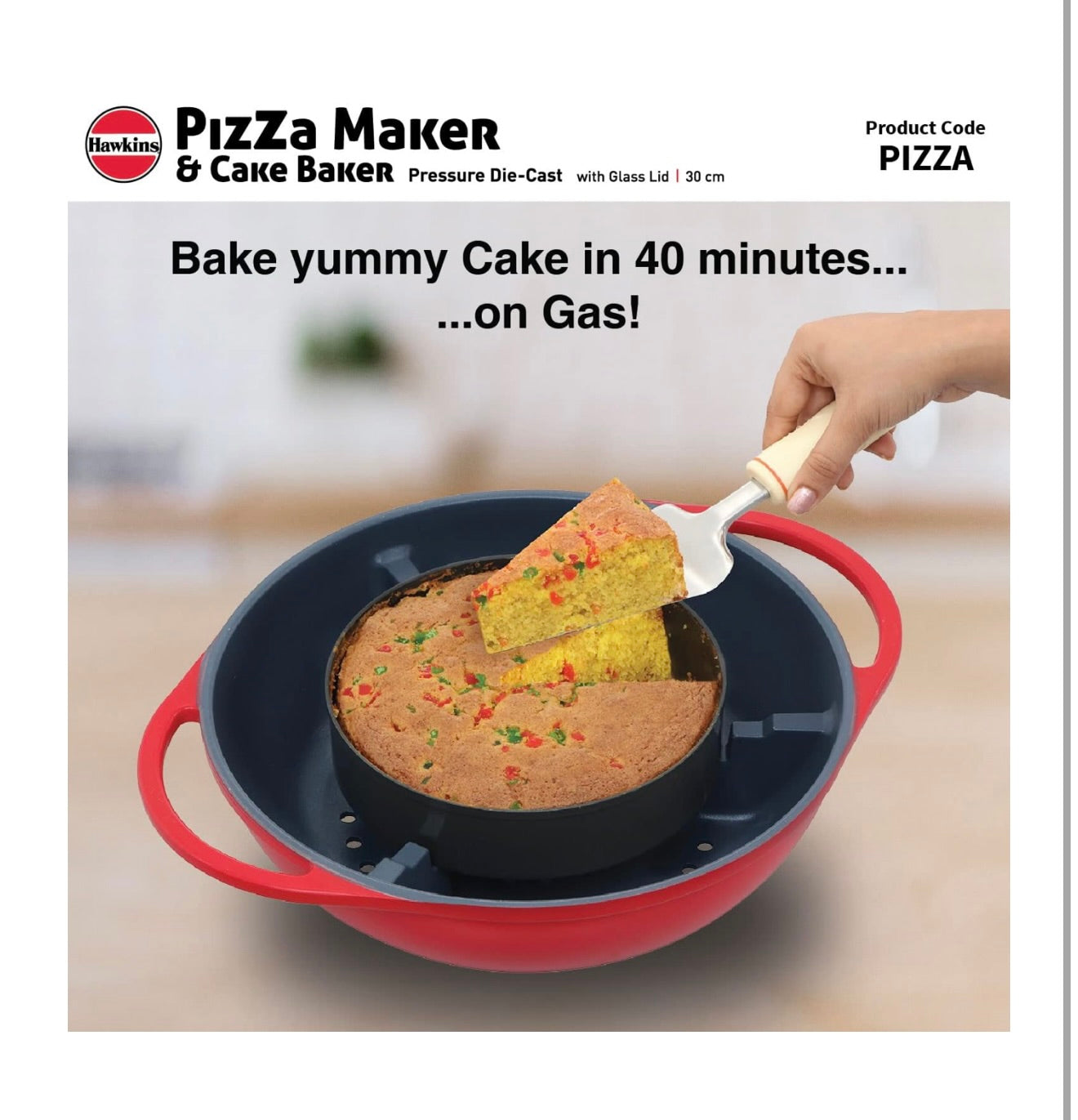 Hawkins Diecast 30 cm Nonstick Pizza Maker and Cake Baker with Glass Lid, Gas Oven, Pizza Oven Toaster Griller Tandoor Barbecue, Cake Baking Pan, Red (PIZZA)