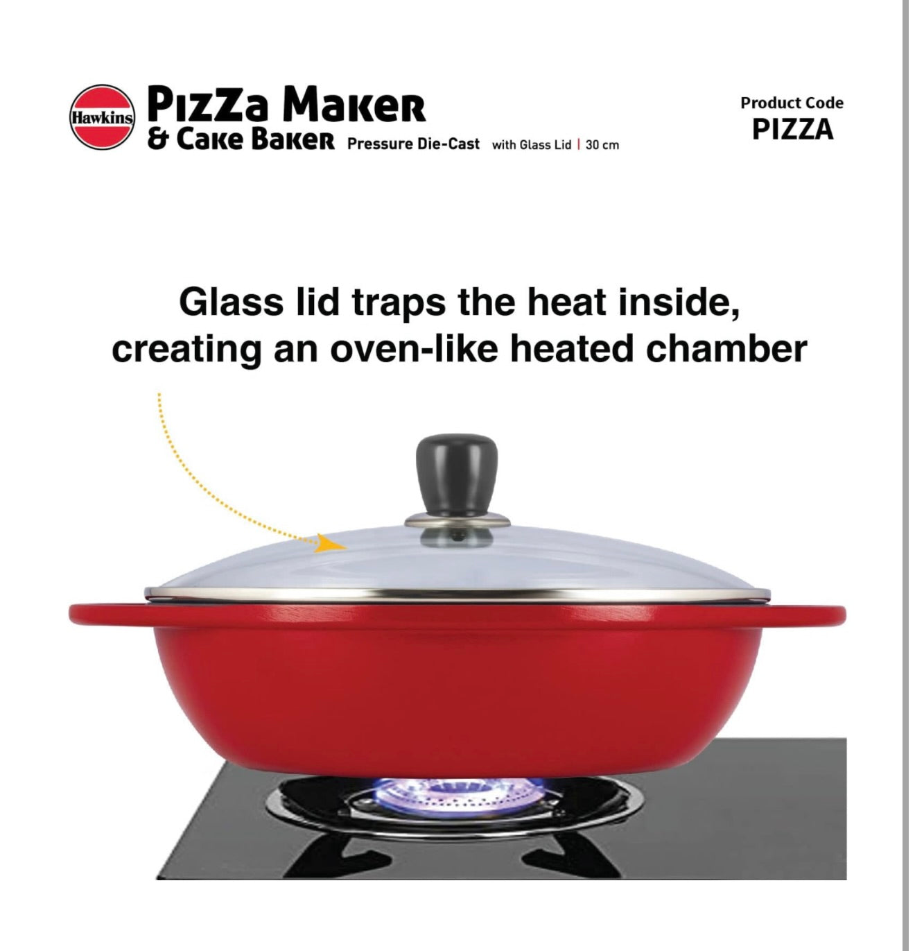Hawkins Diecast 30 cm Nonstick Pizza Maker and Cake Baker with Glass Lid, Gas Oven, Pizza Oven Toaster Griller Tandoor Barbecue, Cake Baking Pan, Red (PIZZA)