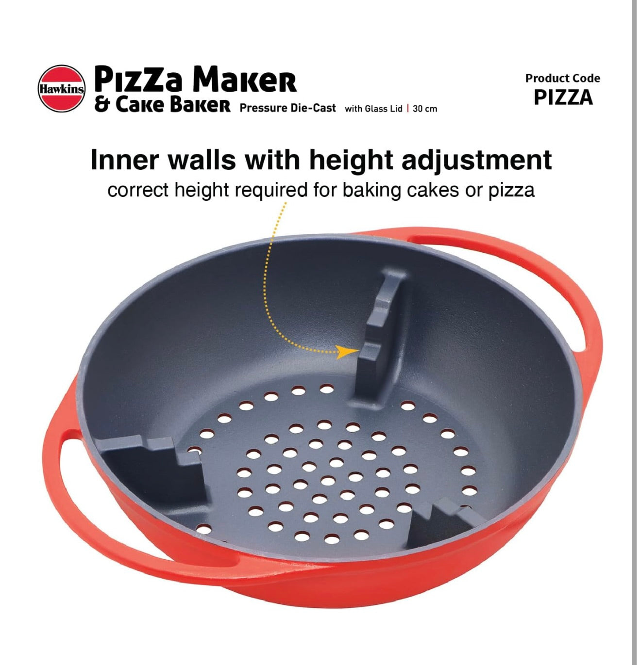 Hawkins Diecast 30 cm Nonstick Pizza Maker and Cake Baker with Glass Lid, Gas Oven, Pizza Oven Toaster Griller Tandoor Barbecue, Cake Baking Pan, Red (PIZZA)