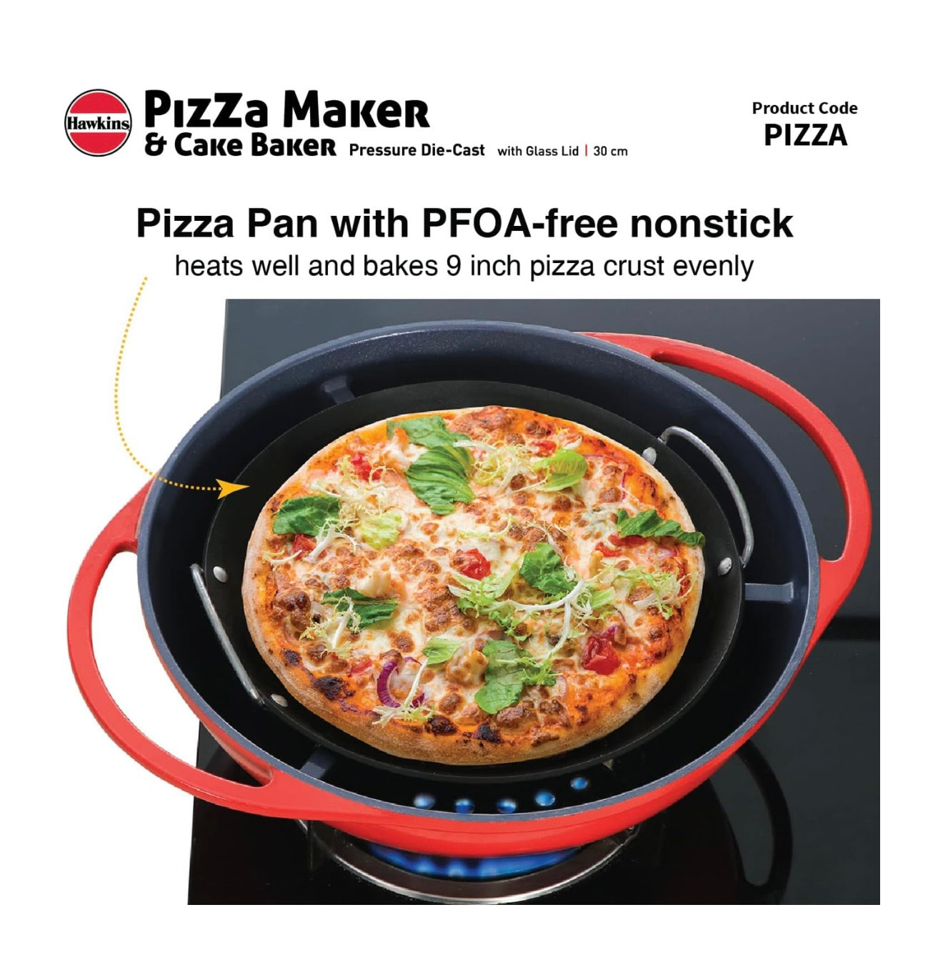 Hawkins Diecast 30 cm Nonstick Pizza Maker and Cake Baker with Glass Lid, Gas Oven, Pizza Oven Toaster Griller Tandoor Barbecue, Cake Baking Pan, Red (PIZZA)