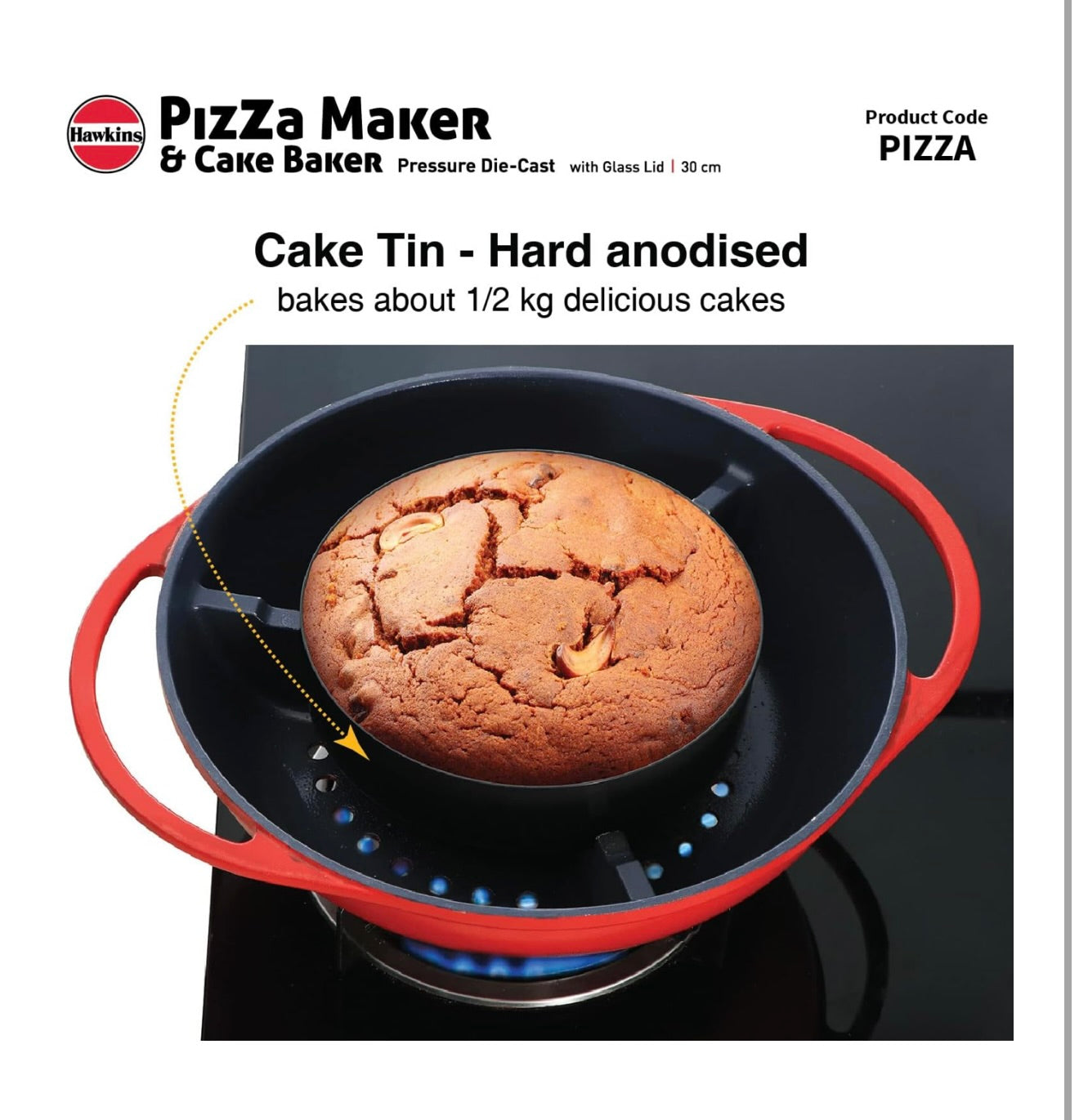 Hawkins Diecast 30 cm Nonstick Pizza Maker and Cake Baker with Glass Lid, Gas Oven, Pizza Oven Toaster Griller Tandoor Barbecue, Cake Baking Pan, Red (PIZZA)