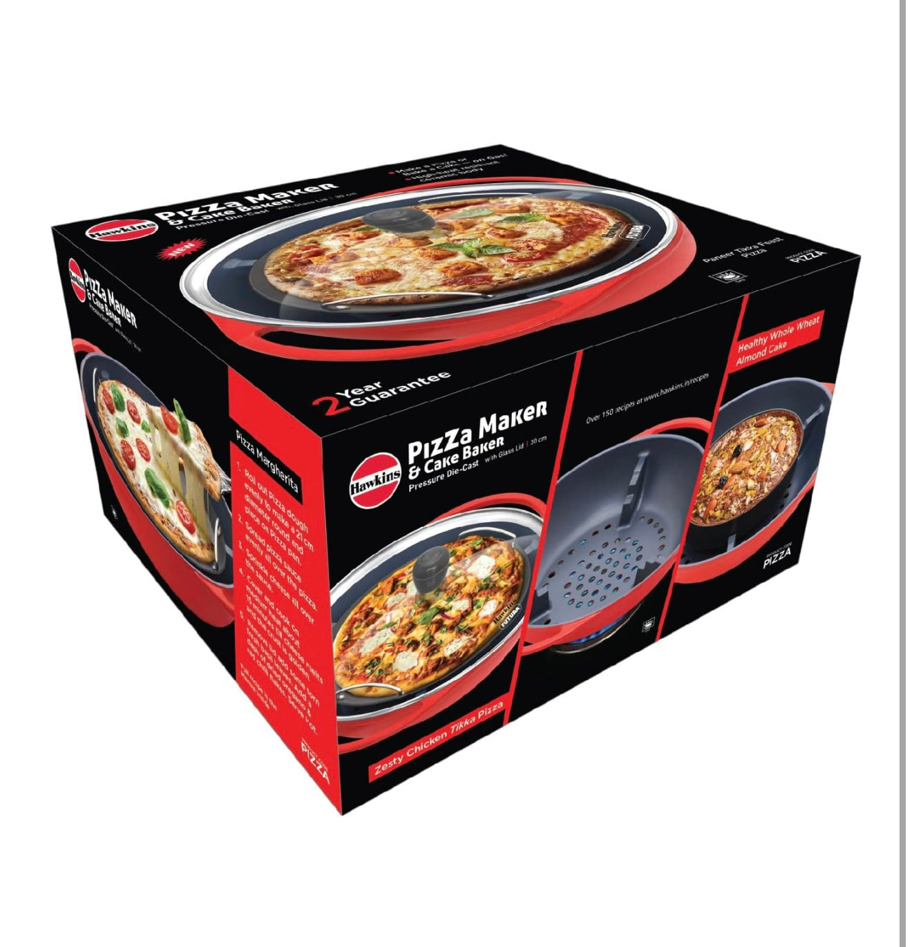 Hawkins Diecast 30 cm Nonstick Pizza Maker and Cake Baker with Glass Lid, Gas Oven, Pizza Oven Toaster Griller Tandoor Barbecue, Cake Baking Pan, Red (PIZZA)