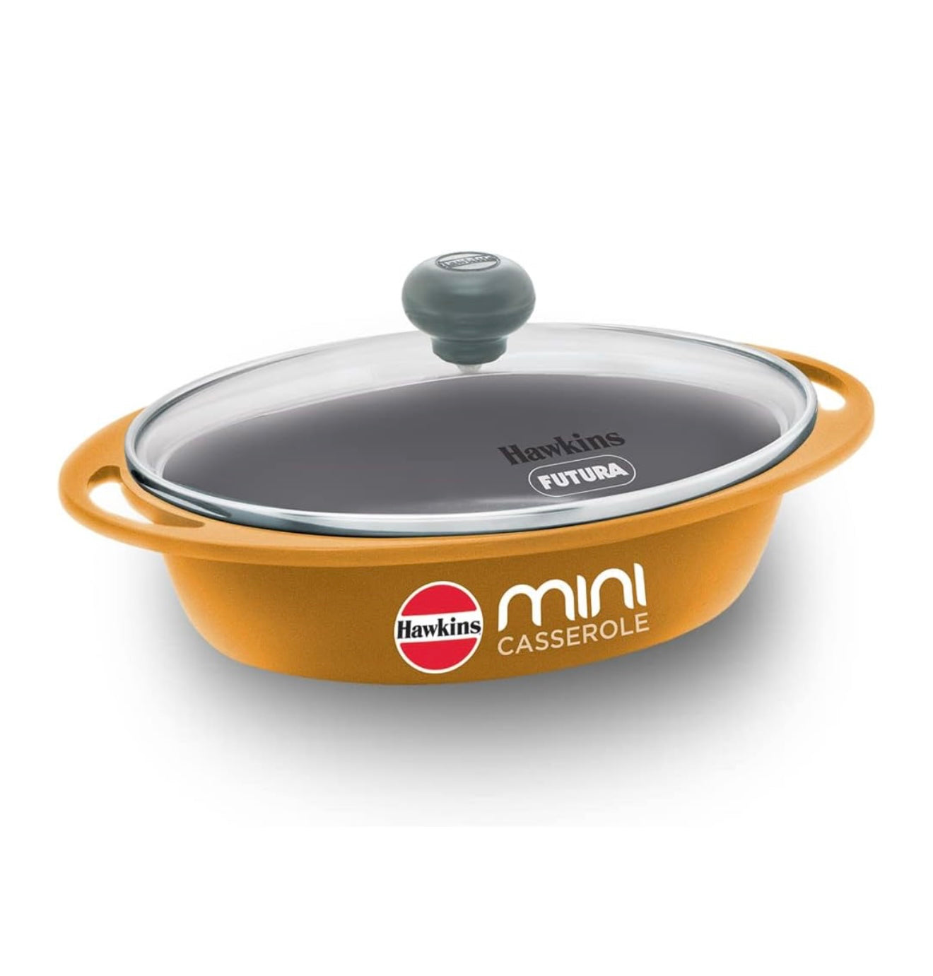 Hawkins 0.75 Litre Mini Casserole with Glass Lid, Oval Shaped Die-Cast pan for Cooking, Reheating, Serving and Storing, Yellow (DCY75G)