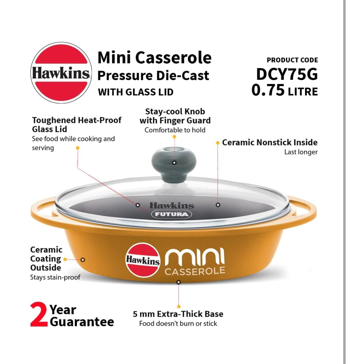 Hawkins 0.75 Litre Mini Casserole with Glass Lid, Oval Shaped Die-Cast pan for Cooking, Reheating, Serving and Storing, Yellow (DCY75G)