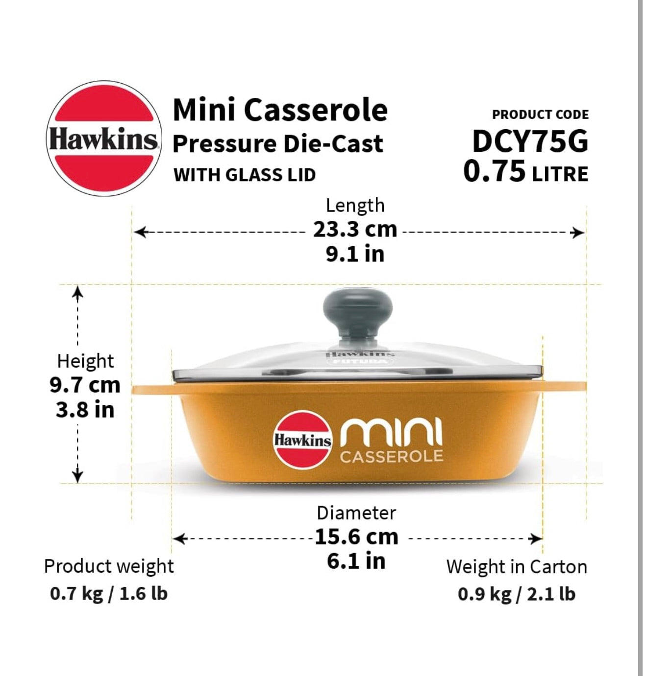 Hawkins 0.75 Litre Mini Casserole with Glass Lid, Oval Shaped Die-Cast pan for Cooking, Reheating, Serving and Storing, Yellow (DCY75G)