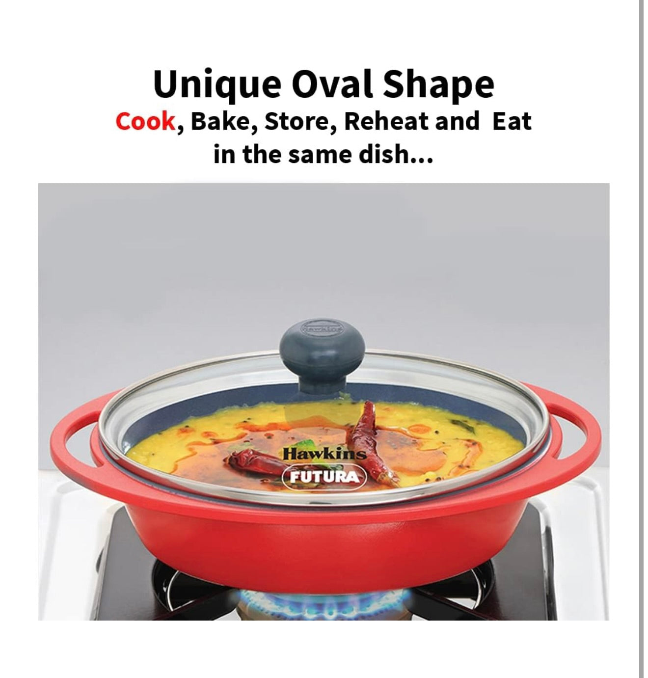 Hawkins 0.75 Litre Mini Casserole with Glass Lid, Oval Shaped Die-Cast pan for Cooking, Reheating, Serving and Storing, Yellow (DCY75G)