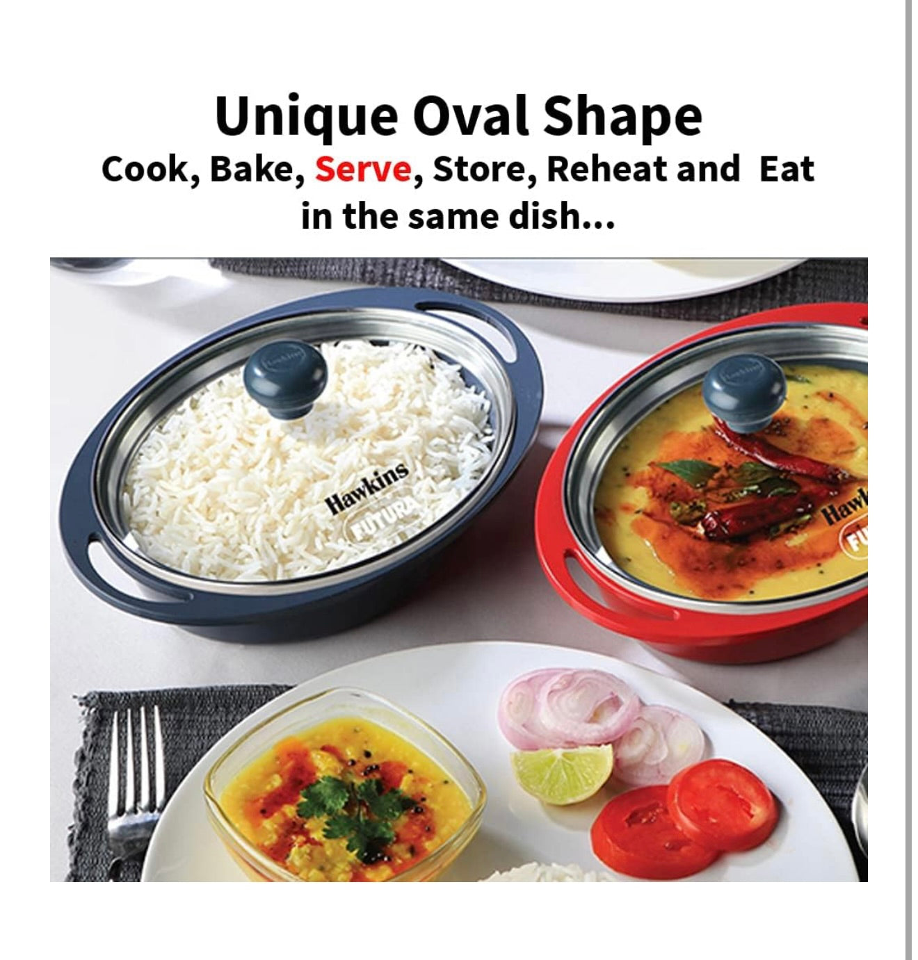 Hawkins 0.75 Litre Mini Casserole with Glass Lid, Oval Shaped Die-Cast pan for Cooking, Reheating, Serving and Storing, Yellow (DCY75G)