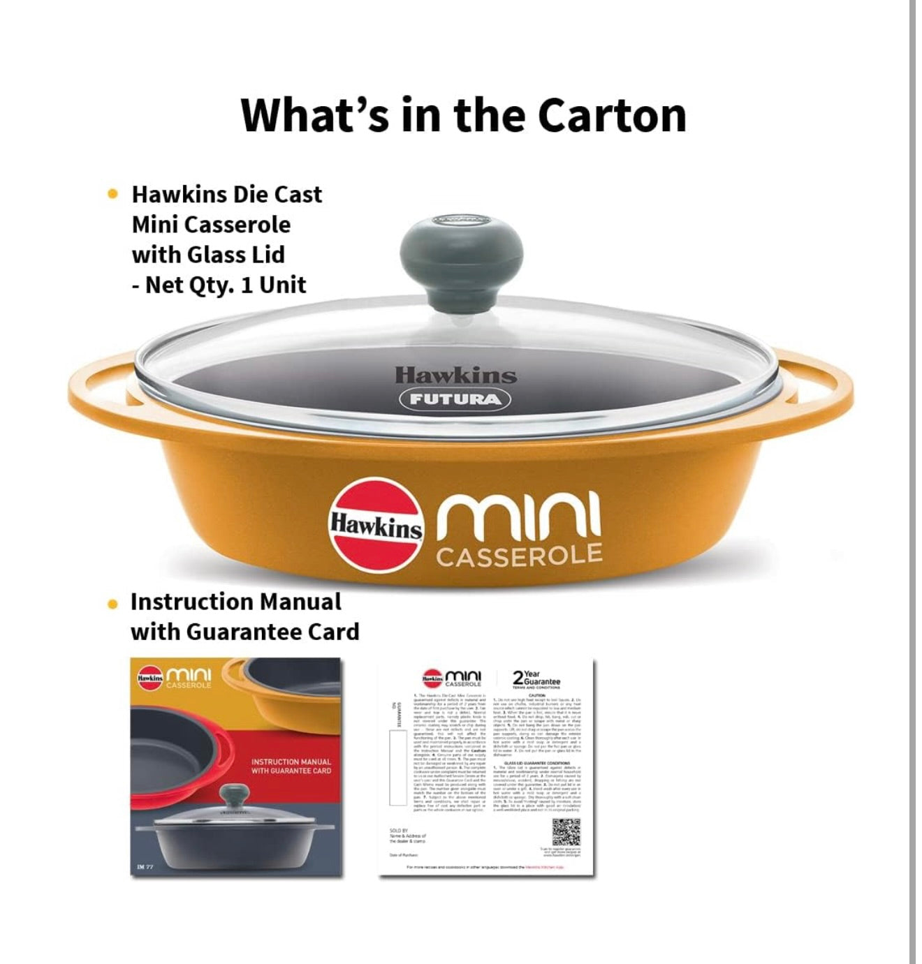 Hawkins 0.75 Litre Mini Casserole with Glass Lid, Oval Shaped Die-Cast pan for Cooking, Reheating, Serving and Storing, Yellow (DCY75G)