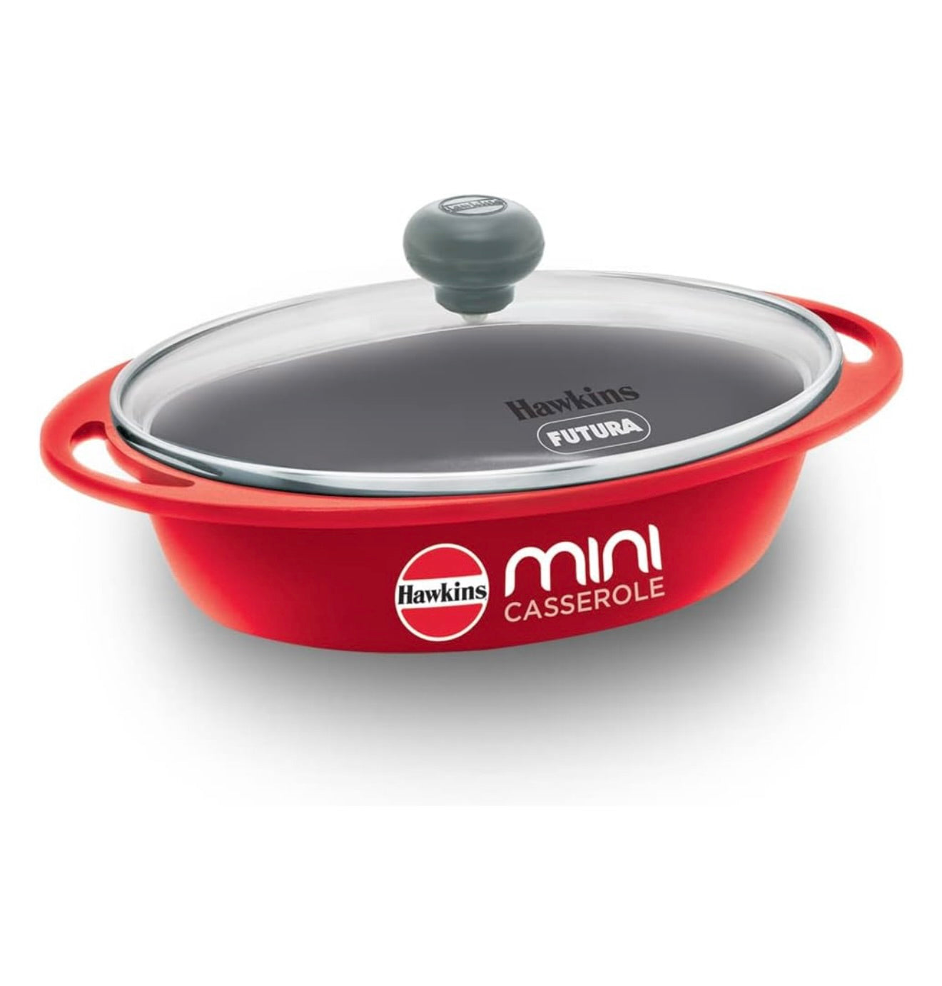 Hawkins 0.75 Litre Mini Casserole with Glass Lid, Oval Shaped Die-Cast pan for Cooking, Reheating, Serving and Storing, Red (DCR75G)