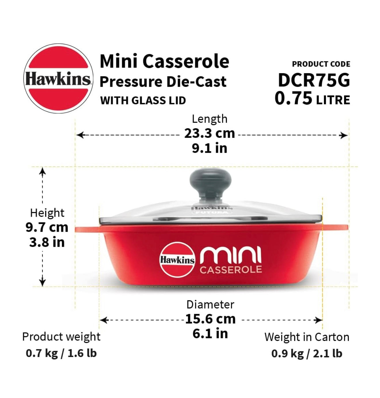 Hawkins 0.75 Litre Mini Casserole with Glass Lid, Oval Shaped Die-Cast pan for Cooking, Reheating, Serving and Storing, Red (DCR75G)