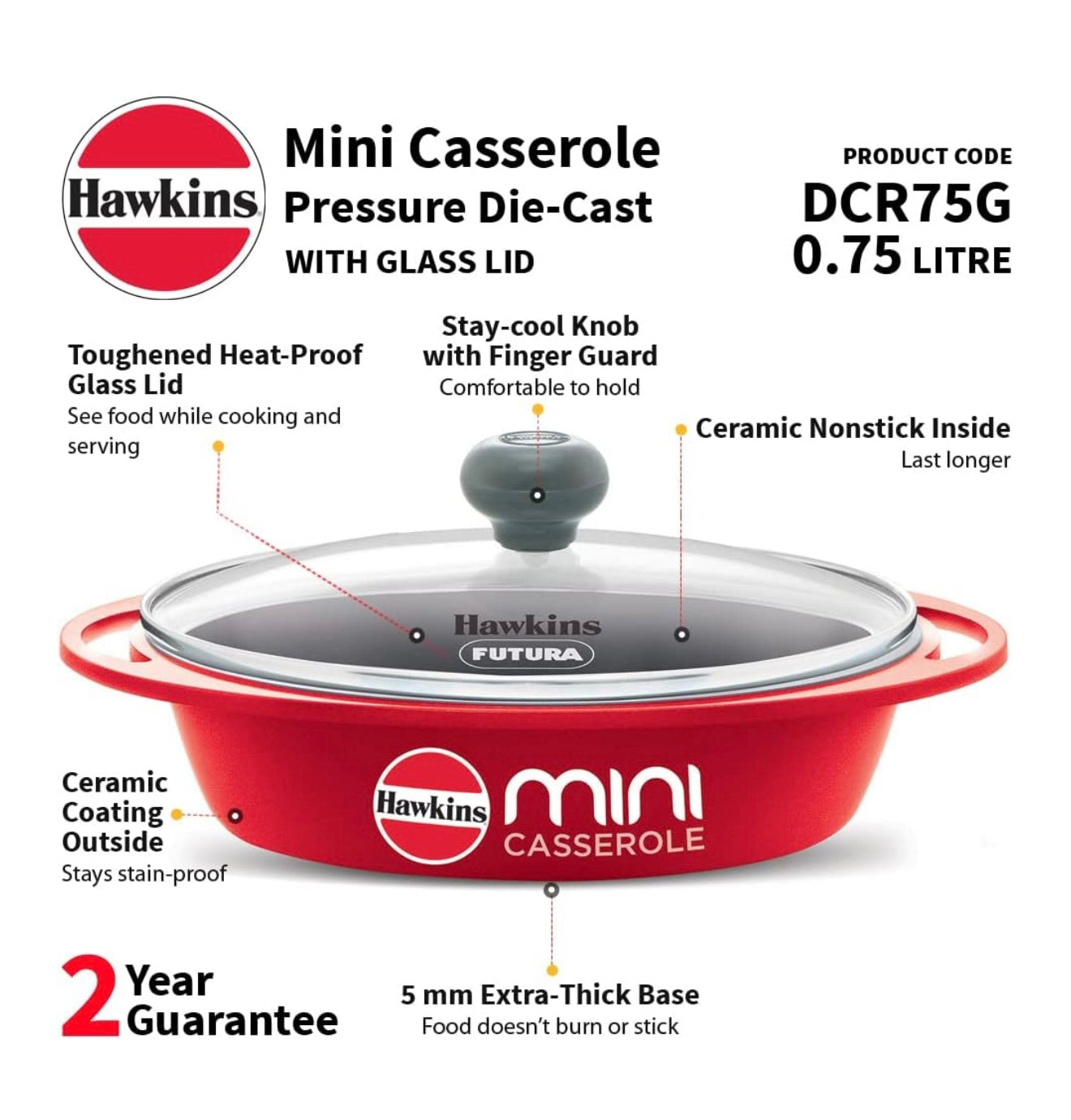 Hawkins 0.75 Litre Mini Casserole with Glass Lid, Oval Shaped Die-Cast pan for Cooking, Reheating, Serving and Storing, Red (DCR75G)