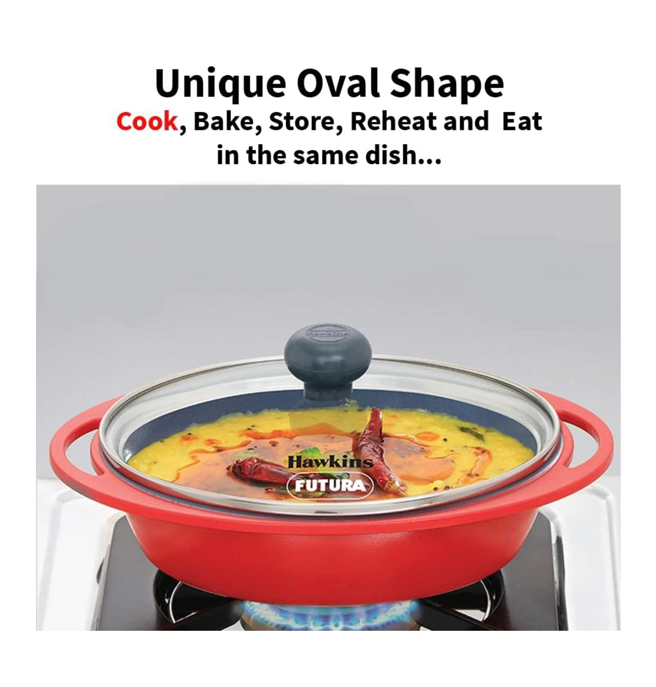 Hawkins 0.75 Litre Mini Casserole with Glass Lid, Oval Shaped Die-Cast pan for Cooking, Reheating, Serving and Storing, Red (DCR75G)