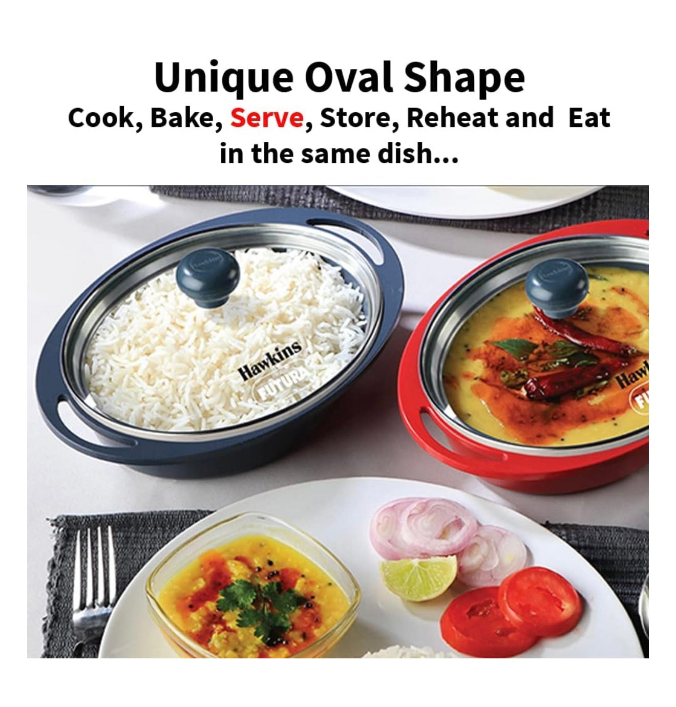 Hawkins 0.75 Litre Mini Casserole with Glass Lid, Oval Shaped Die-Cast pan for Cooking, Reheating, Serving and Storing, Red (DCR75G)