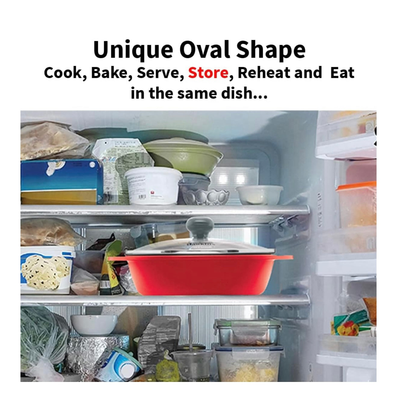 Hawkins 0.75 Litre Mini Casserole with Glass Lid, Oval Shaped Die-Cast pan for Cooking, Reheating, Serving and Storing, Red (DCR75G)
