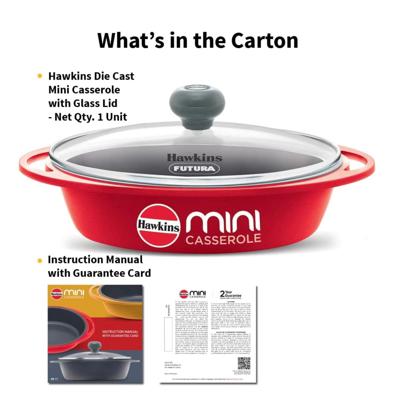 Hawkins 0.75 Litre Mini Casserole with Glass Lid, Oval Shaped Die-Cast pan for Cooking, Reheating, Serving and Storing, Red (DCR75G)