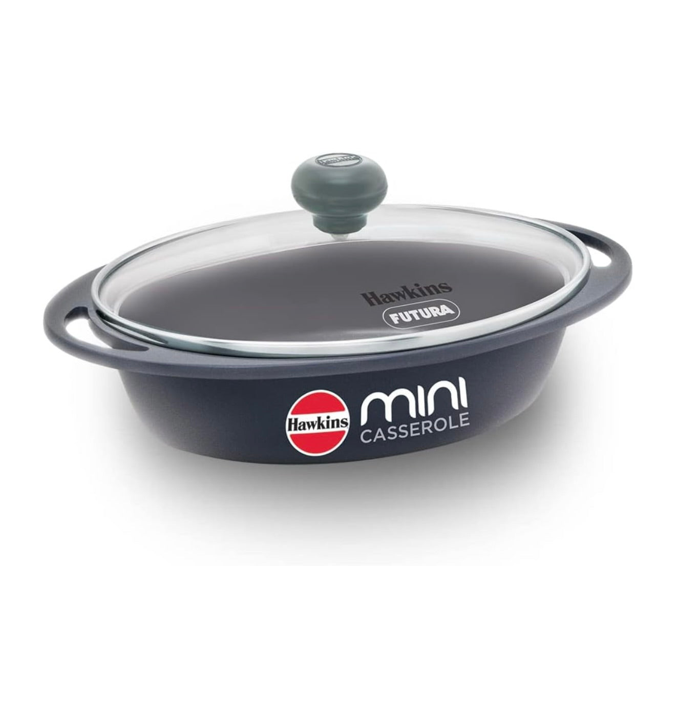 Hawkins 0.75 Litre Mini Casserole with Glass Lid, Oval Shaped Die-Cast pan for Cooking, Reheating, Serving and Storing, Grey (DCG75G)