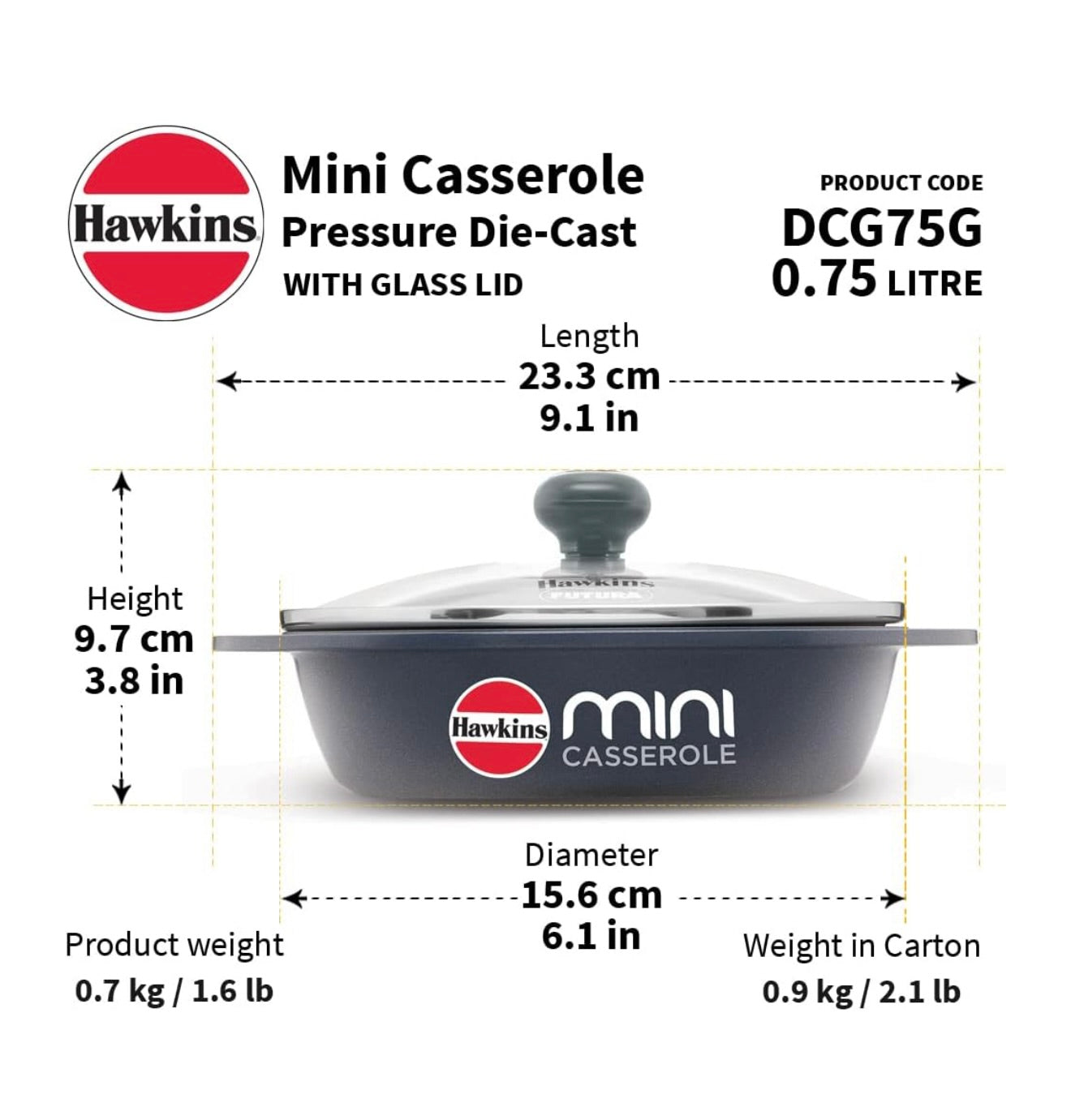 Hawkins 0.75 Litre Mini Casserole with Glass Lid, Oval Shaped Die-Cast pan for Cooking, Reheating, Serving and Storing, Grey (DCG75G)
