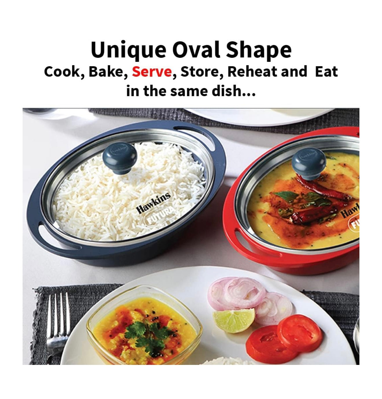 Hawkins 0.75 Litre Mini Casserole with Glass Lid, Oval Shaped Die-Cast pan for Cooking, Reheating, Serving and Storing, Grey (DCG75G)