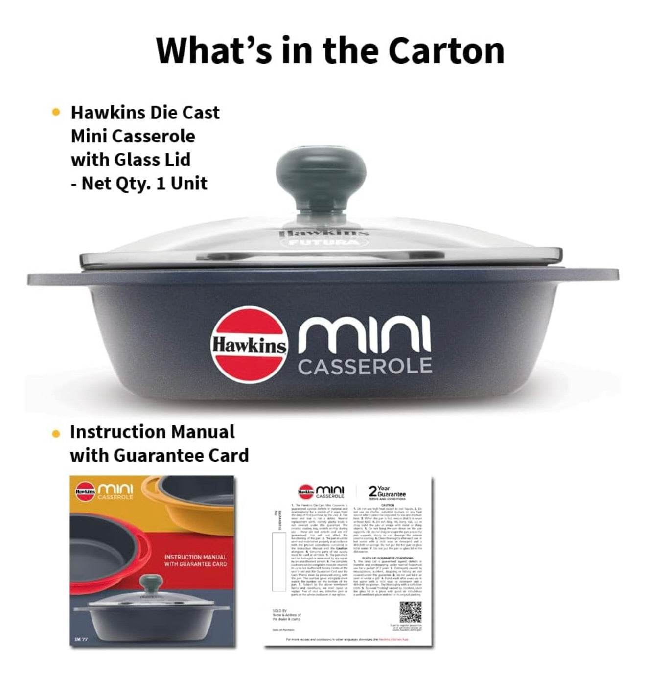 Hawkins 0.75 Litre Mini Casserole with Glass Lid, Oval Shaped Die-Cast pan for Cooking, Reheating, Serving and Storing, Grey (DCG75G)