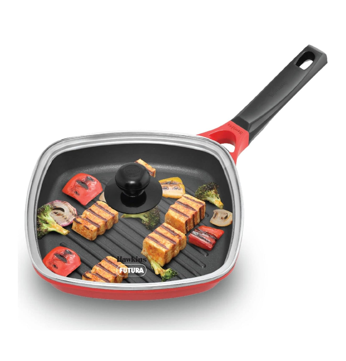 Hawkins 26 cm Grill Pan With Glass Lid - Non-Stick Die Cast, Square for Gas Stove, Ceramic Coated, Roast Pan, Red (IGP26G)