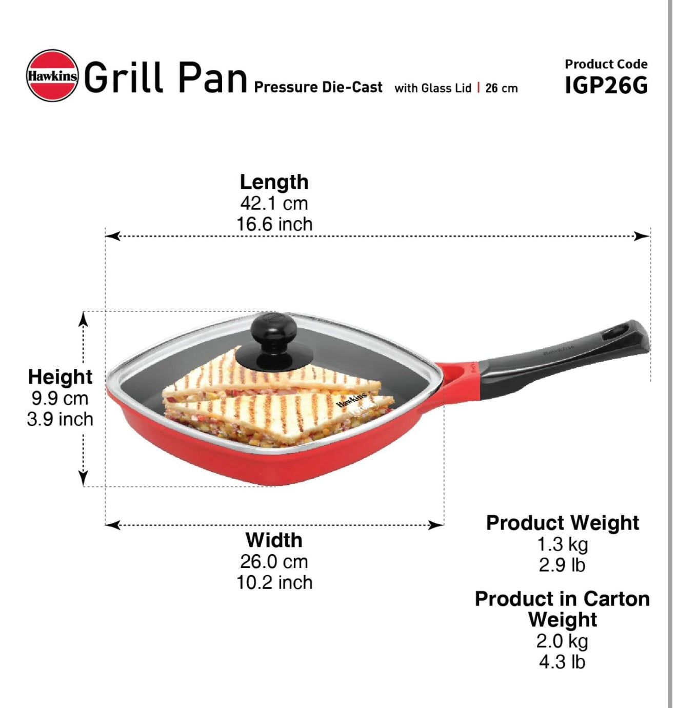 Hawkins 26 cm Grill Pan With Glass Lid - Non-Stick Die Cast, Square for Gas Stove, Ceramic Coated, Roast Pan, Red (IGP26G)
