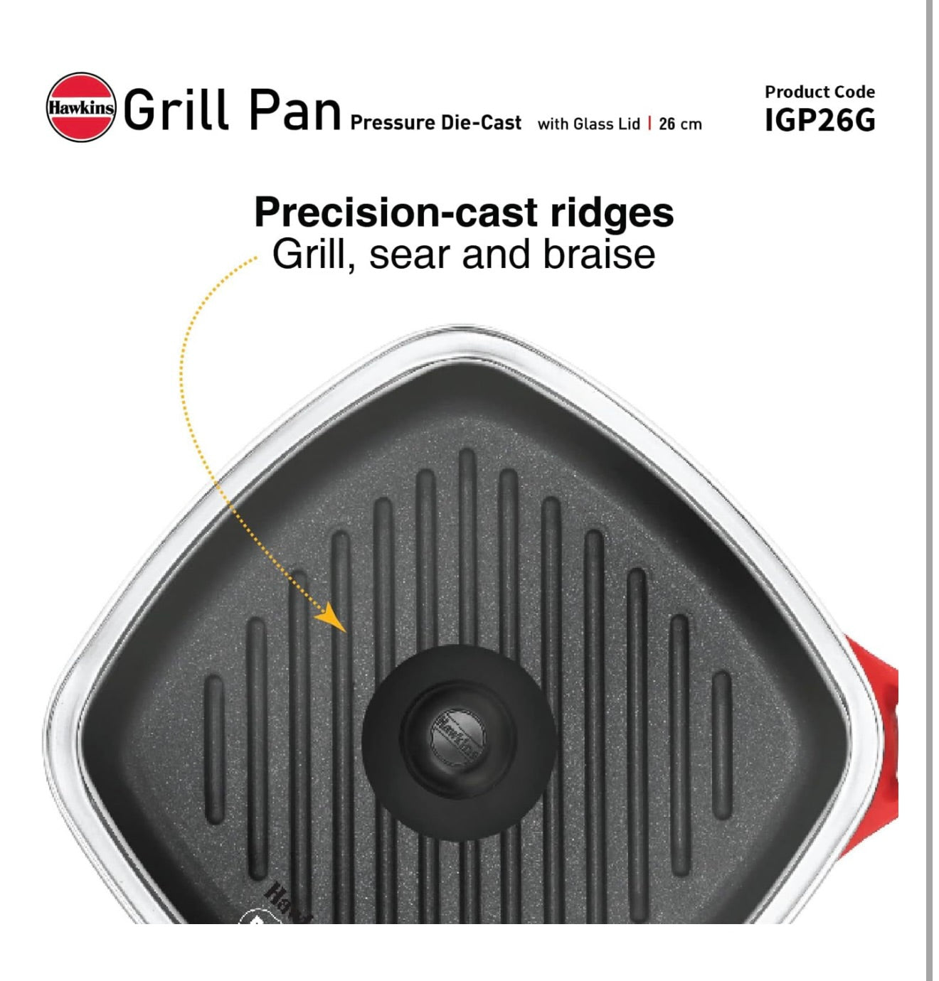 Hawkins 26 cm Grill Pan With Glass Lid - Non-Stick Die Cast, Square for Gas Stove, Ceramic Coated, Roast Pan, Red (IGP26G)