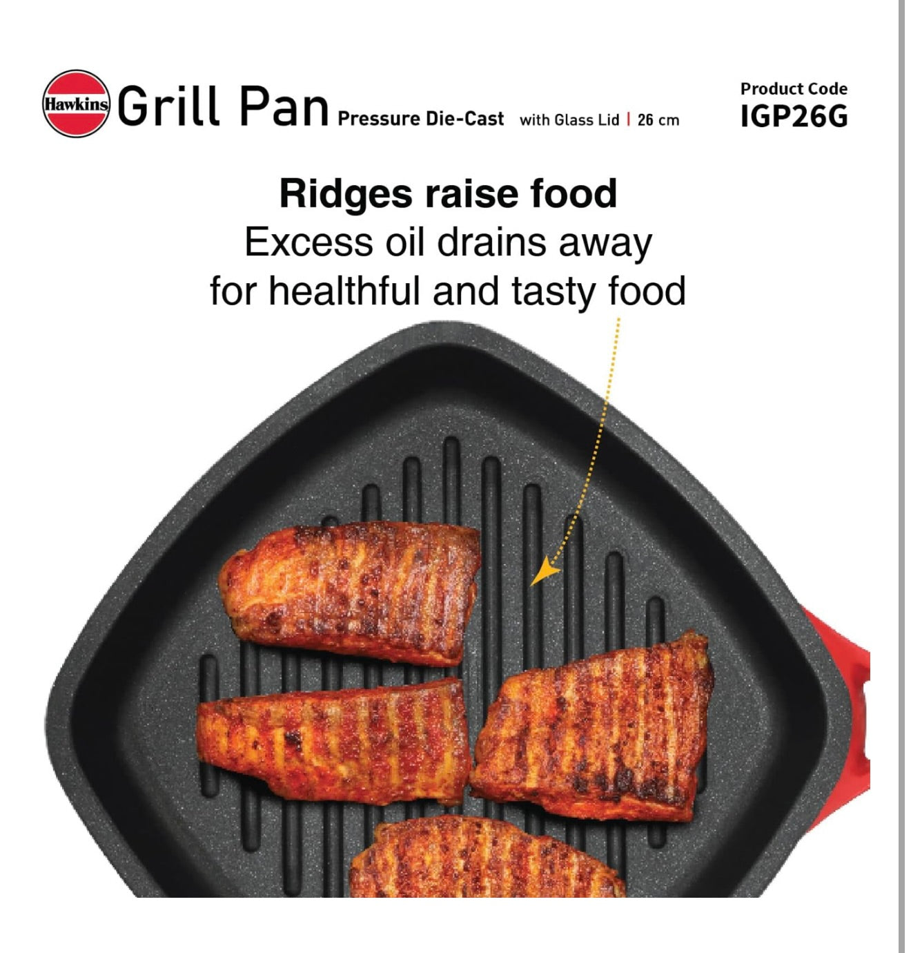 Hawkins 26 cm Grill Pan With Glass Lid - Non-Stick Die Cast, Square for Gas Stove, Ceramic Coated, Roast Pan, Red (IGP26G)