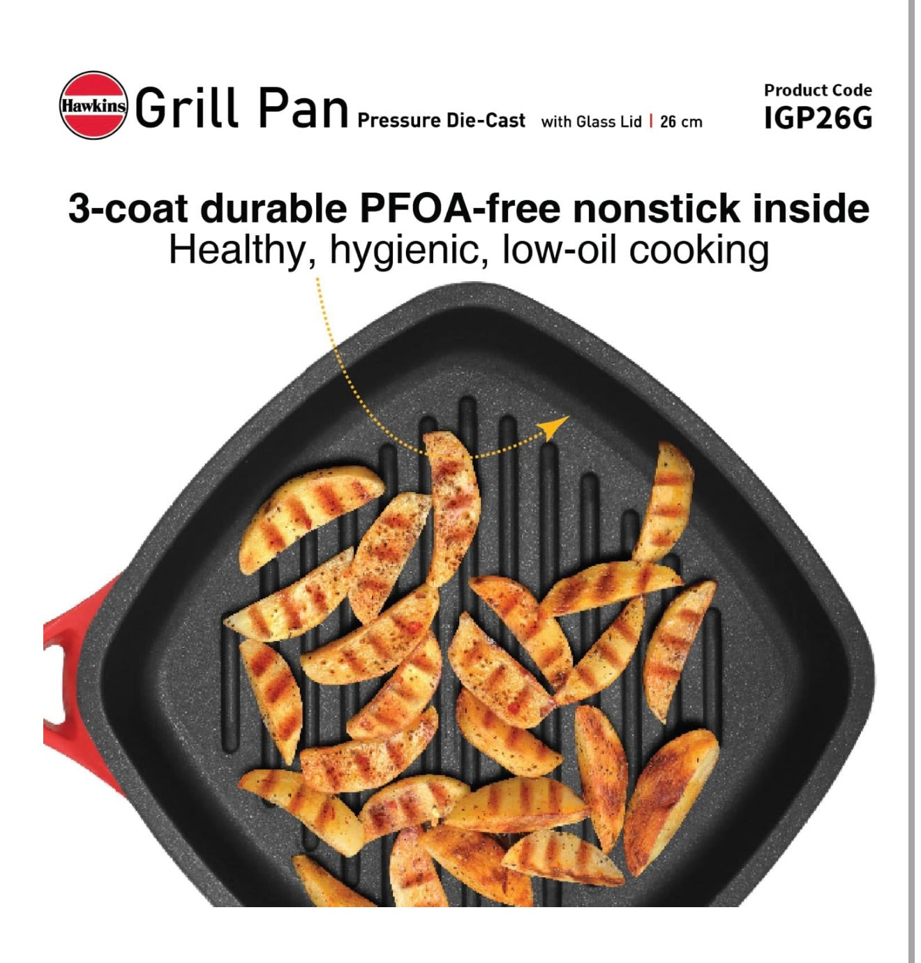 Hawkins 26 cm Grill Pan With Glass Lid - Non-Stick Die Cast, Square for Gas Stove, Ceramic Coated, Roast Pan, Red (IGP26G)