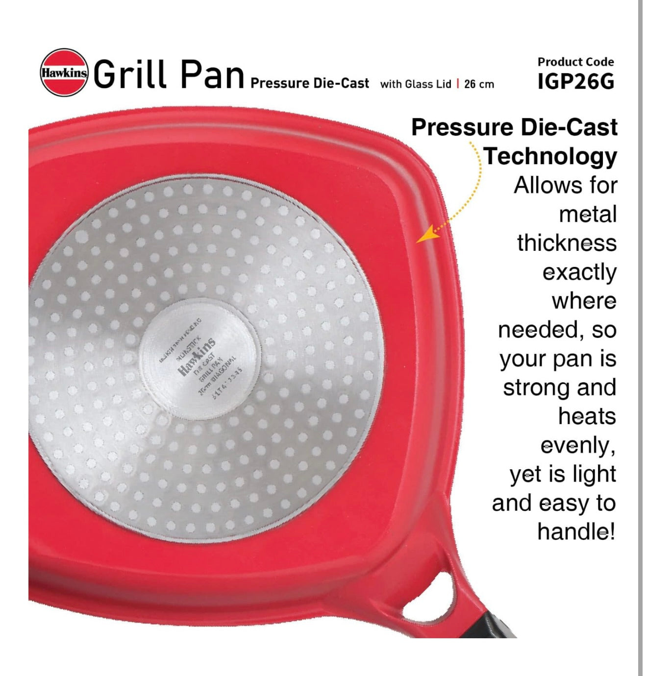 Hawkins 26 cm Grill Pan With Glass Lid - Non-Stick Die Cast, Square for Gas Stove, Ceramic Coated, Roast Pan, Red (IGP26G)