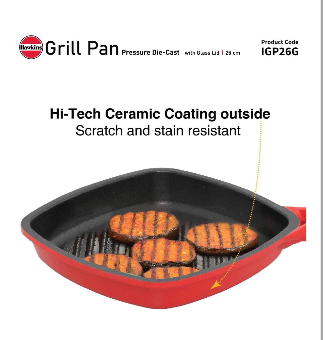 Hawkins 26 cm Grill Pan With Glass Lid - Non-Stick Die Cast, Square for Gas Stove, Ceramic Coated, Roast Pan, Red (IGP26G)