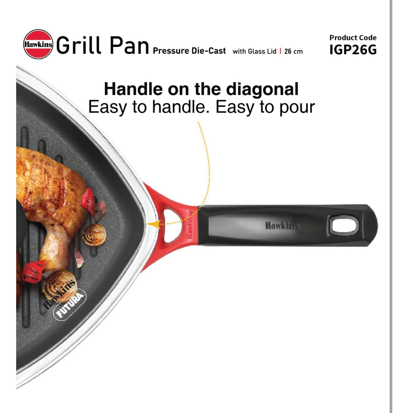 Hawkins 26 cm Grill Pan With Glass Lid - Non-Stick Die Cast, Square for Gas Stove, Ceramic Coated, Roast Pan, Red (IGP26G)