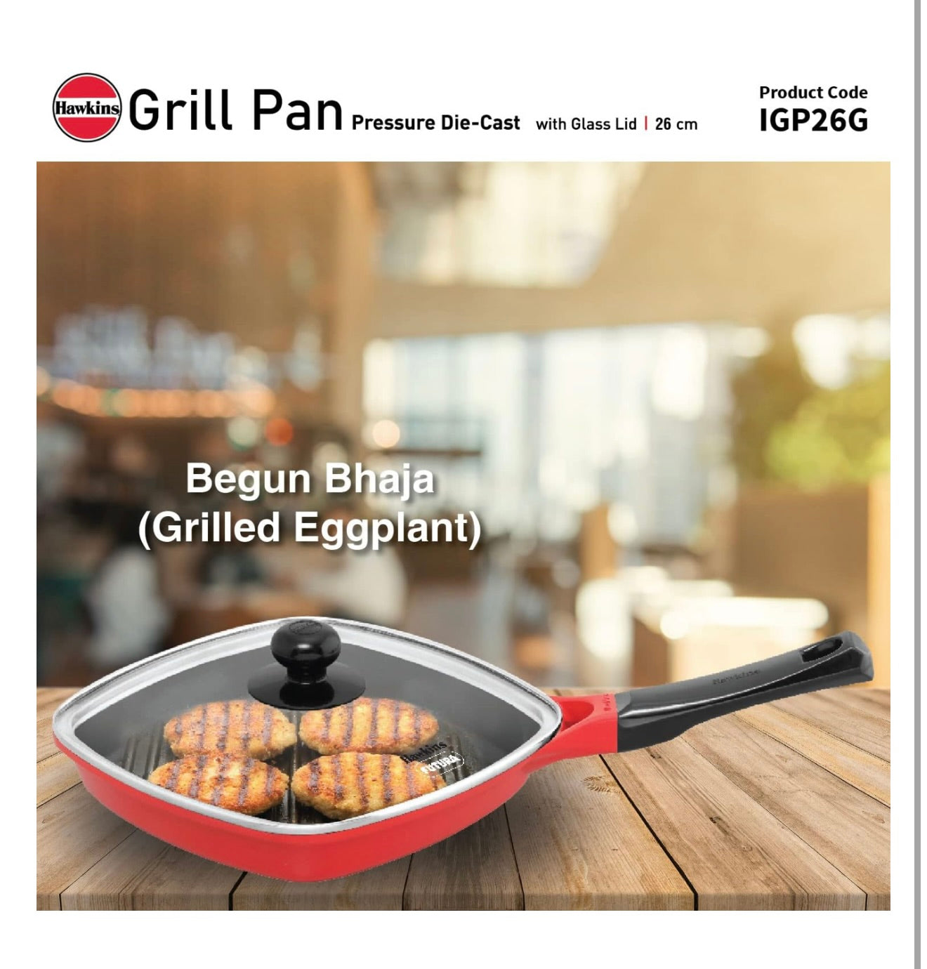 Hawkins 26 cm Grill Pan With Glass Lid - Non-Stick Die Cast, Square for Gas Stove, Ceramic Coated, Roast Pan, Red (IGP26G)