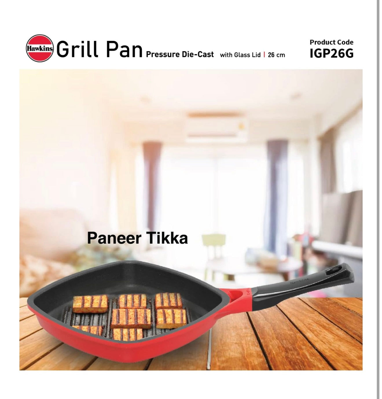 Hawkins 26 cm Grill Pan With Glass Lid - Non-Stick Die Cast, Square for Gas Stove, Ceramic Coated, Roast Pan, Red (IGP26G)