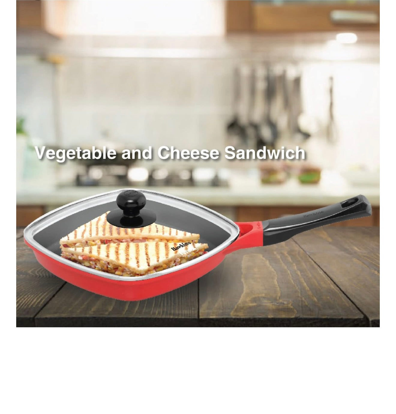 Hawkins 26 cm Grill Pan With Glass Lid - Non-Stick Die Cast, Square for Gas Stove, Ceramic Coated, Roast Pan, Red (IGP26G)