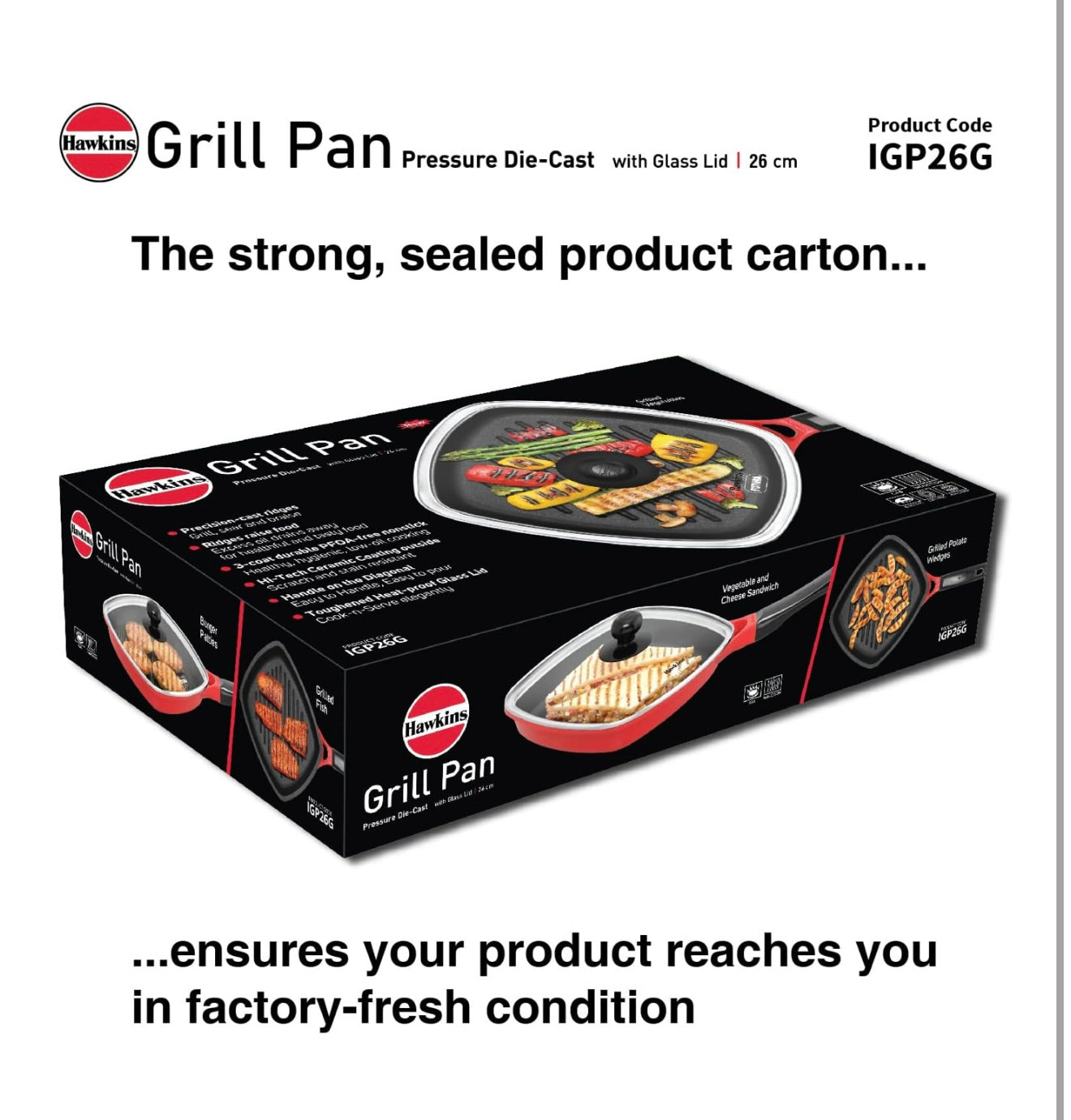 Hawkins 26 cm Grill Pan With Glass Lid - Non-Stick Die Cast, Square for Gas Stove, Ceramic Coated, Roast Pan, Red (IGP26G)