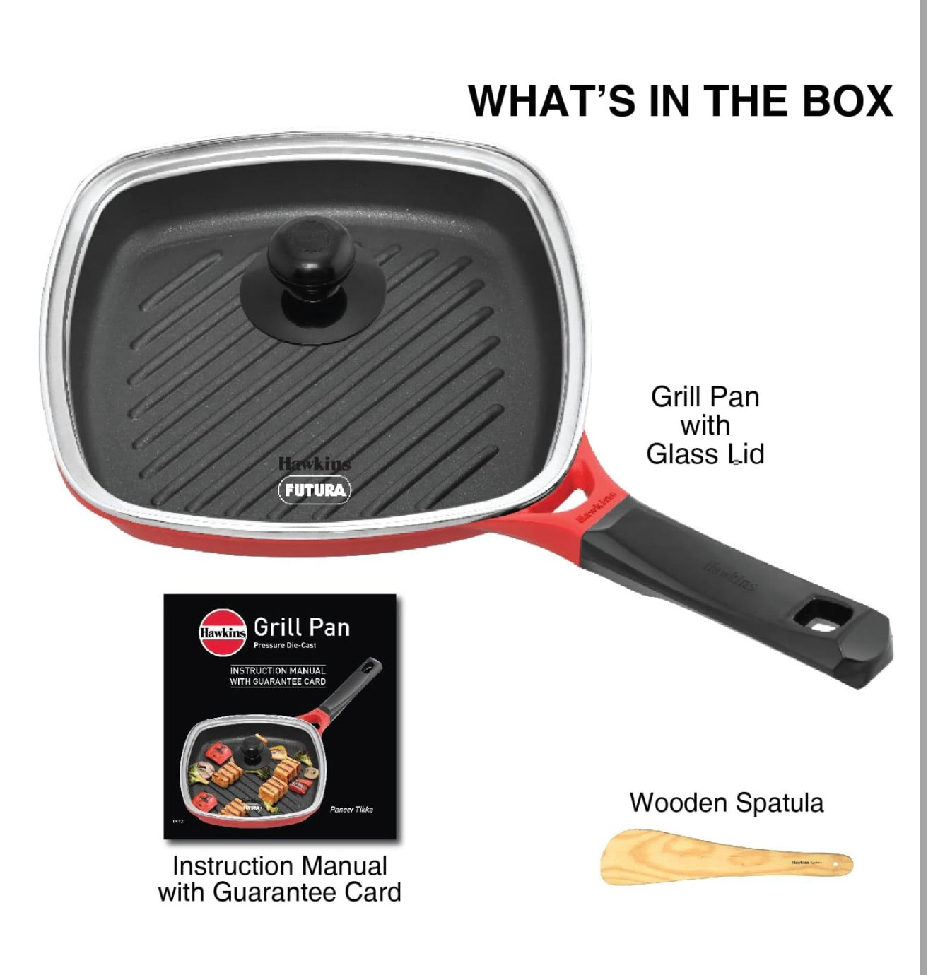 Hawkins 26 cm Grill Pan With Glass Lid - Non-Stick Die Cast, Square for Gas Stove, Ceramic Coated, Roast Pan, Red (IGP26G)