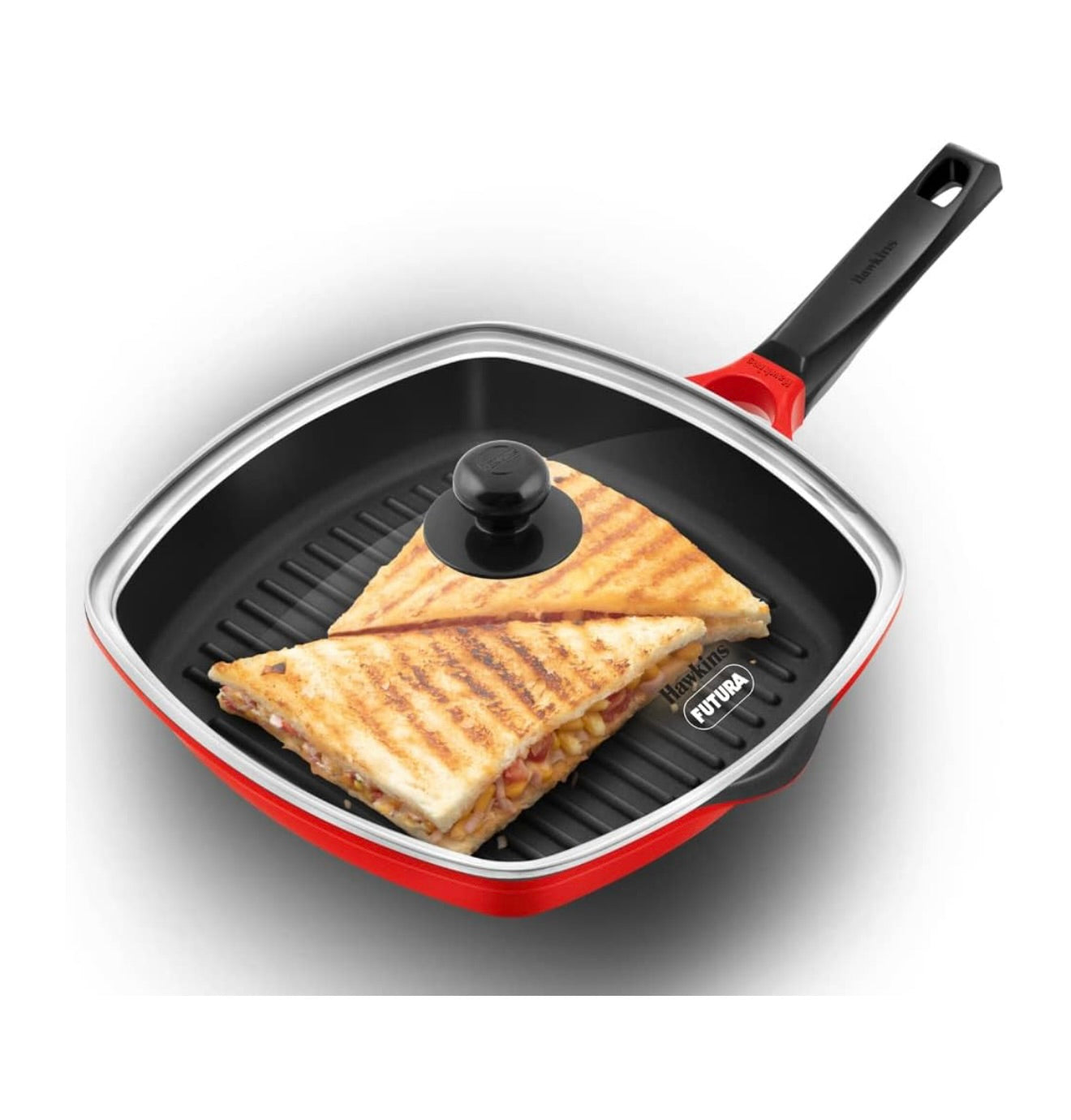 Hawkins 30 cm Grill Pan, Non Stick Die Cast Grilling Pan with Glass Lid, Square Grill Pan for Gas Stove, Ceramic Coated Pan, Roast Pan (DCGP30G)