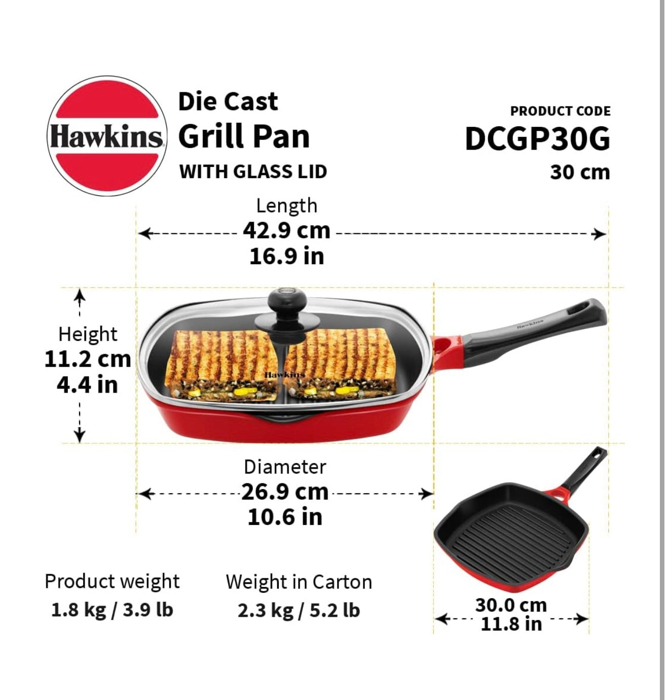 Hawkins 30 cm Grill Pan, Non Stick Die Cast Grilling Pan with Glass Lid, Square Grill Pan for Gas Stove, Ceramic Coated Pan, Roast Pan (DCGP30G)