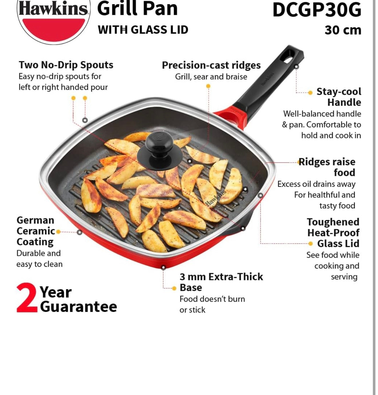 Hawkins 30 cm Grill Pan, Non Stick Die Cast Grilling Pan with Glass Lid, Square Grill Pan for Gas Stove, Ceramic Coated Pan, Roast Pan (DCGP30G)