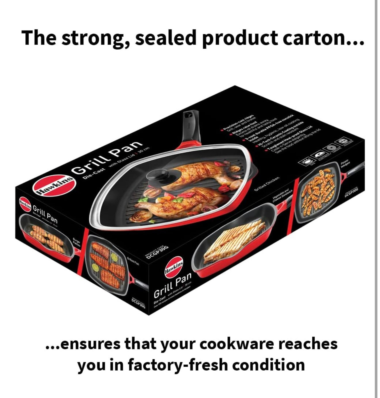Hawkins 30 cm Grill Pan, Non Stick Die Cast Grilling Pan with Glass Lid, Square Grill Pan for Gas Stove, Ceramic Coated Pan, Roast Pan (DCGP30G)