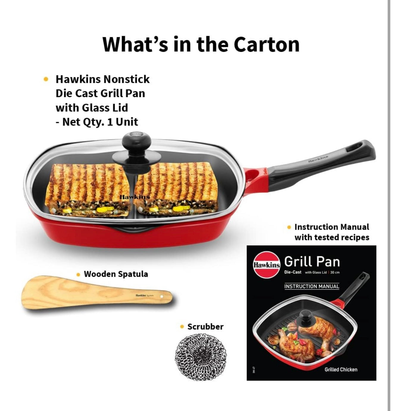 Hawkins 30 cm Grill Pan, Non Stick Die Cast Grilling Pan with Glass Lid, Square Grill Pan for Gas Stove, Ceramic Coated Pan, Roast Pan (DCGP30G)