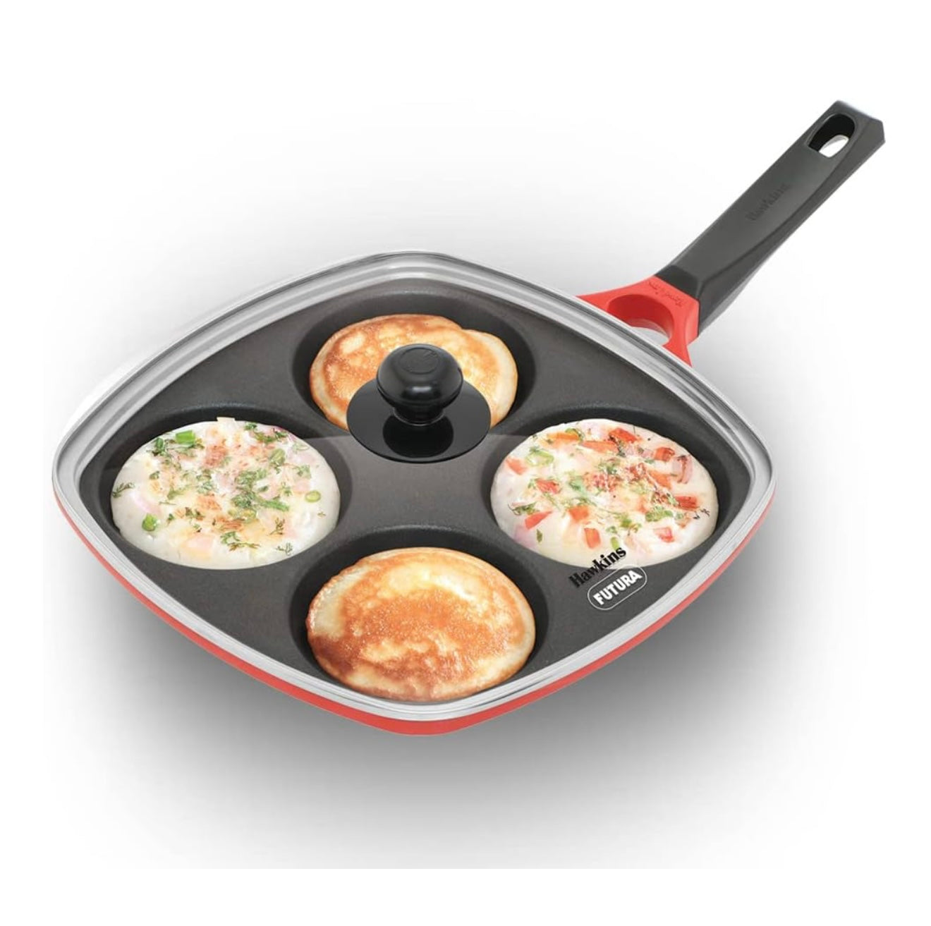 Hawkins 30 cm Die-Cast Multi Snack Pan with Glass Lid, Nonstick Mini Uttapam Tawa, Pancake Pan, Red (DCMS30G)