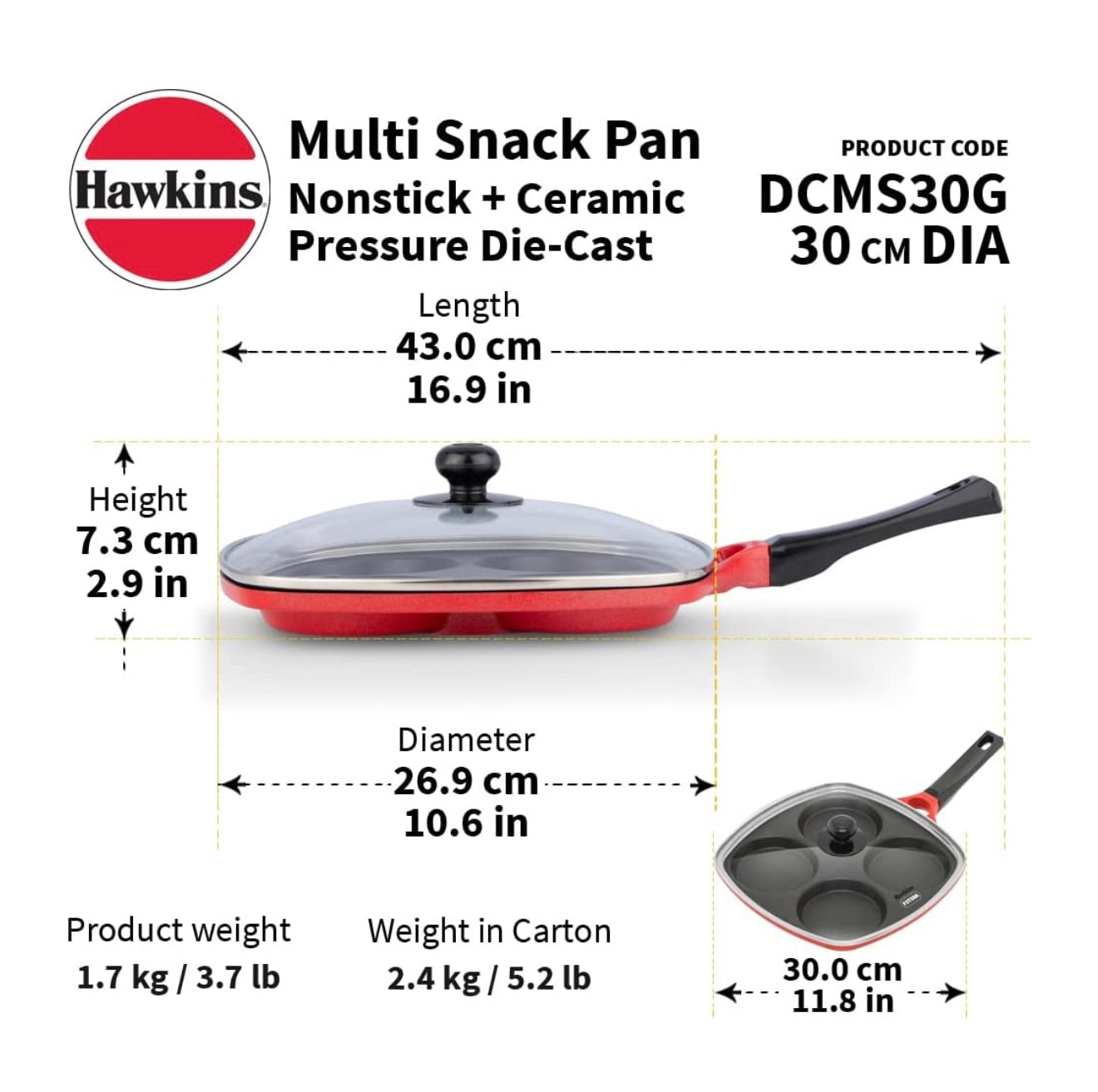 Hawkins 30 cm Die-Cast Multi Snack Pan with Glass Lid, Nonstick Mini Uttapam Tawa, Pancake Pan, Red (DCMS30G)
