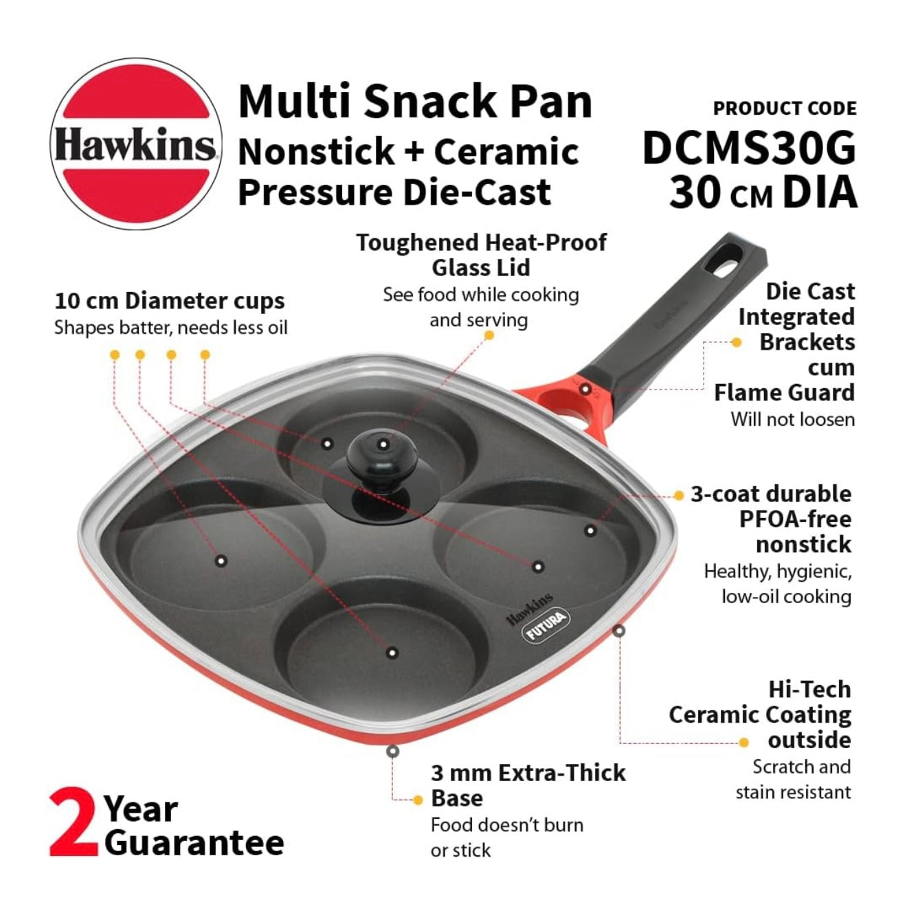 Hawkins 30 cm Die-Cast Multi Snack Pan with Glass Lid, Nonstick Mini Uttapam Tawa, Pancake Pan, Red (DCMS30G)