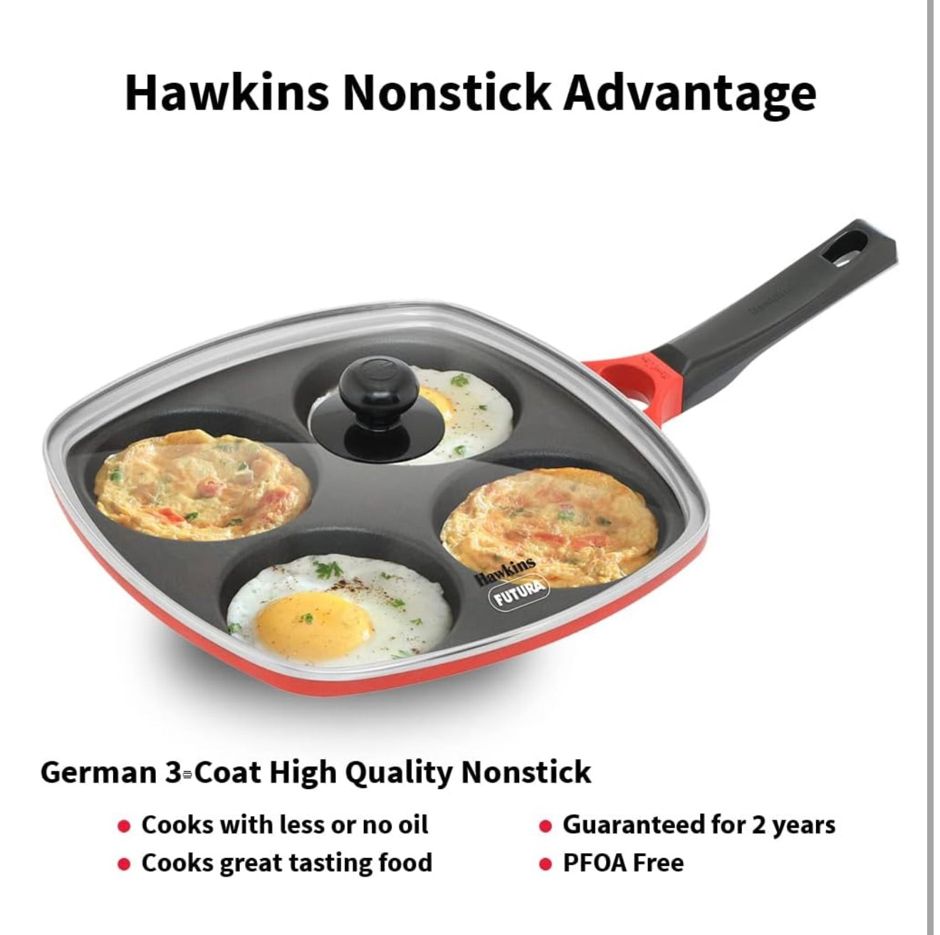 Hawkins 30 cm Die-Cast Multi Snack Pan with Glass Lid, Nonstick Mini Uttapam Tawa, Pancake Pan, Red (DCMS30G)